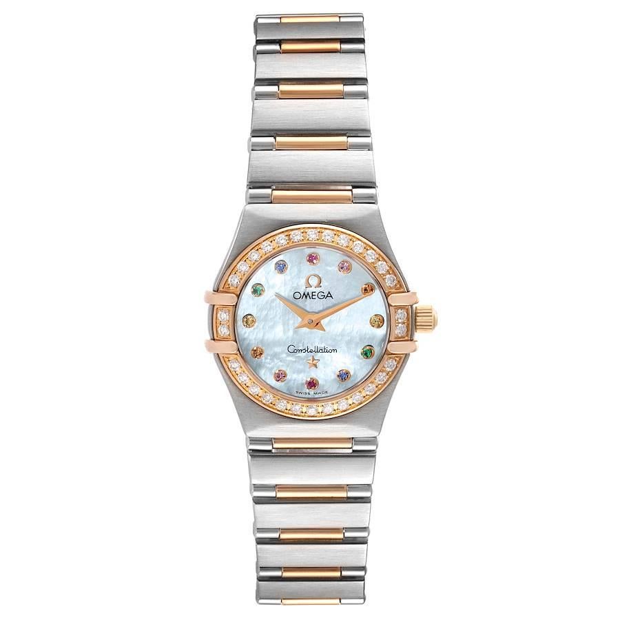 Omega Constellation Iris Steel Rose Gold MOP Dial Ladies Watch 1360.79.00. Quartz movement. Stainless steel and 18K rose gold round case 22.5 mm in diameter. 18K rose gold diamond bezel. Scratch resistant sapphire crystal. Mother-of-pearl dial with