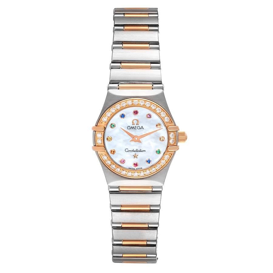 Omega Constellation Iris Steel Rose Gold MOP Diamond Ladies Watch 1360.79.00 Box Card. Quartz movement. Stainless steel and 18K rose gold round case 22.5 mm in diameter. 18K rose gold diamond bezel. Scratch resistant sapphire crystal.