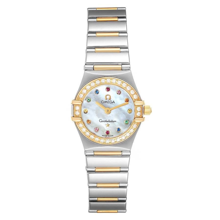 Omega Constellation Iris Steel Yellow Gold Multi Stone Watch 1365.79.00 Card. Quartz movement. Stainless steel and 18k yellow gold round case 22.5 mm in diameter. 18k yellow gold diamond bezel. Scratch resistant sapphire crystal. Mother-of-pearl