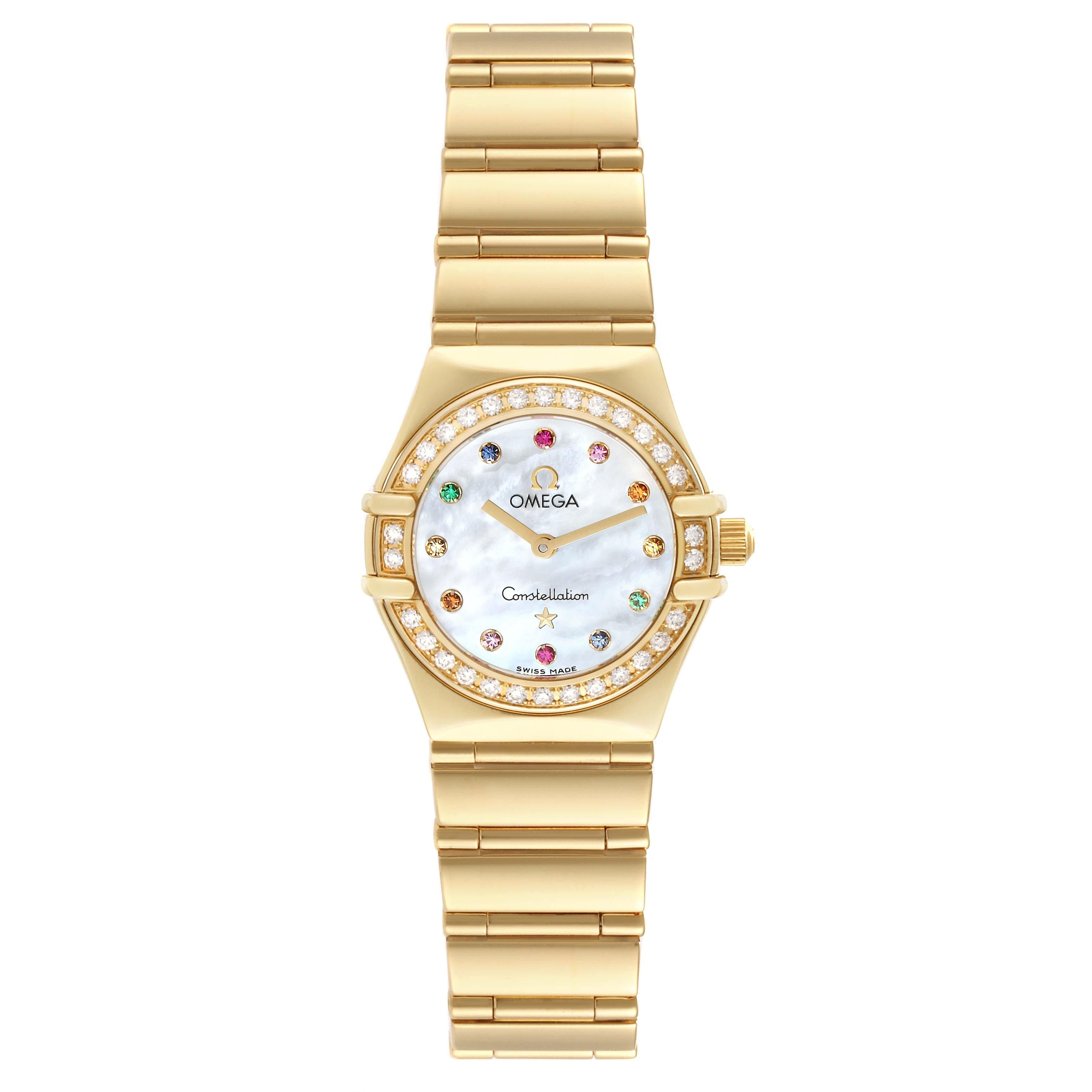 Omega Constellation Iris Yellow Gold Mother Of Pearl Multi Stone Diamond Ladies Watch 1164.79.00. Quartz movement. 18k yellow gold round case 22.5 mm in diameter. Original Omega factory diamond bezel. Scratch resistant sapphire crystal with