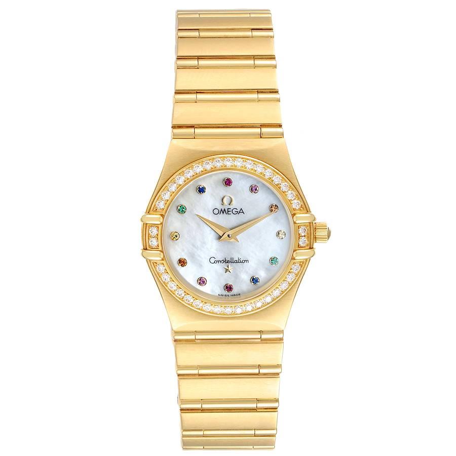 Omega Constellation Iris Yellow Gold Multi Stone Watch 1177.79.00 Box Card. Quartz movement. 18k yellow gold round case 22.5 mm in diameter. Original Omega factory diamond bezel. Scratch resistant sapphire crystal. Mother-of-pearl dial with multi