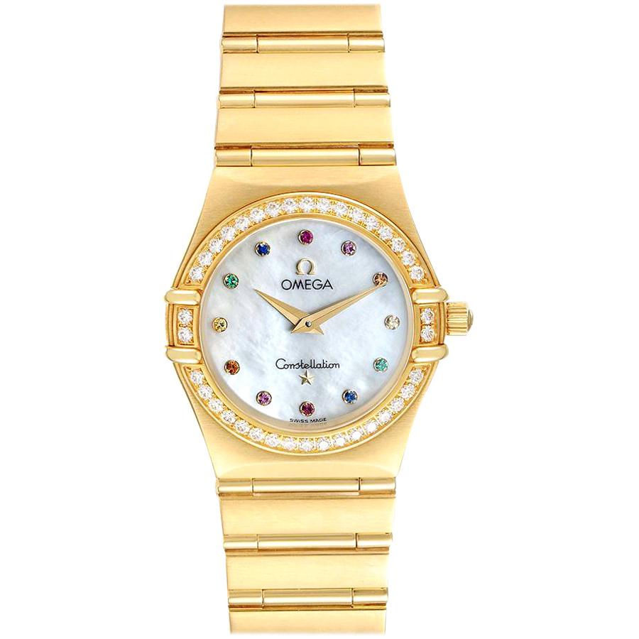 Omega Constellation Iris Yellow Gold Multi Stone Watch 1177.79.00 Box Card For Sale