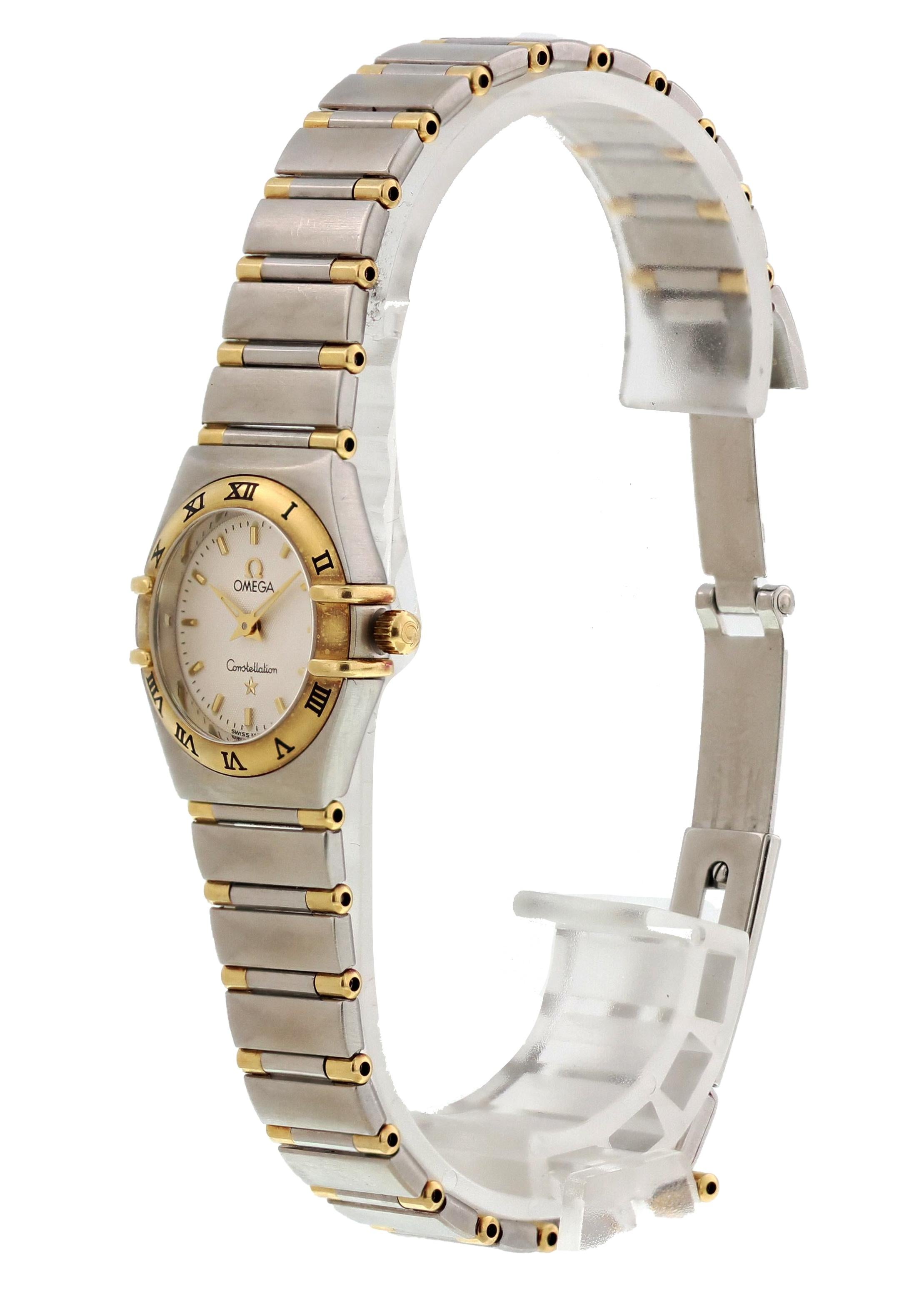 Omega Constellation MOP Ladies Watch. 22mm Stainless steel case. 18kt yellow gold fixed bezel with engraved Roman numerals. White Dial with gold-tone hands and index hour markers. Stainless steel and 18kt yellow gold bracelet with butterfly clasp.