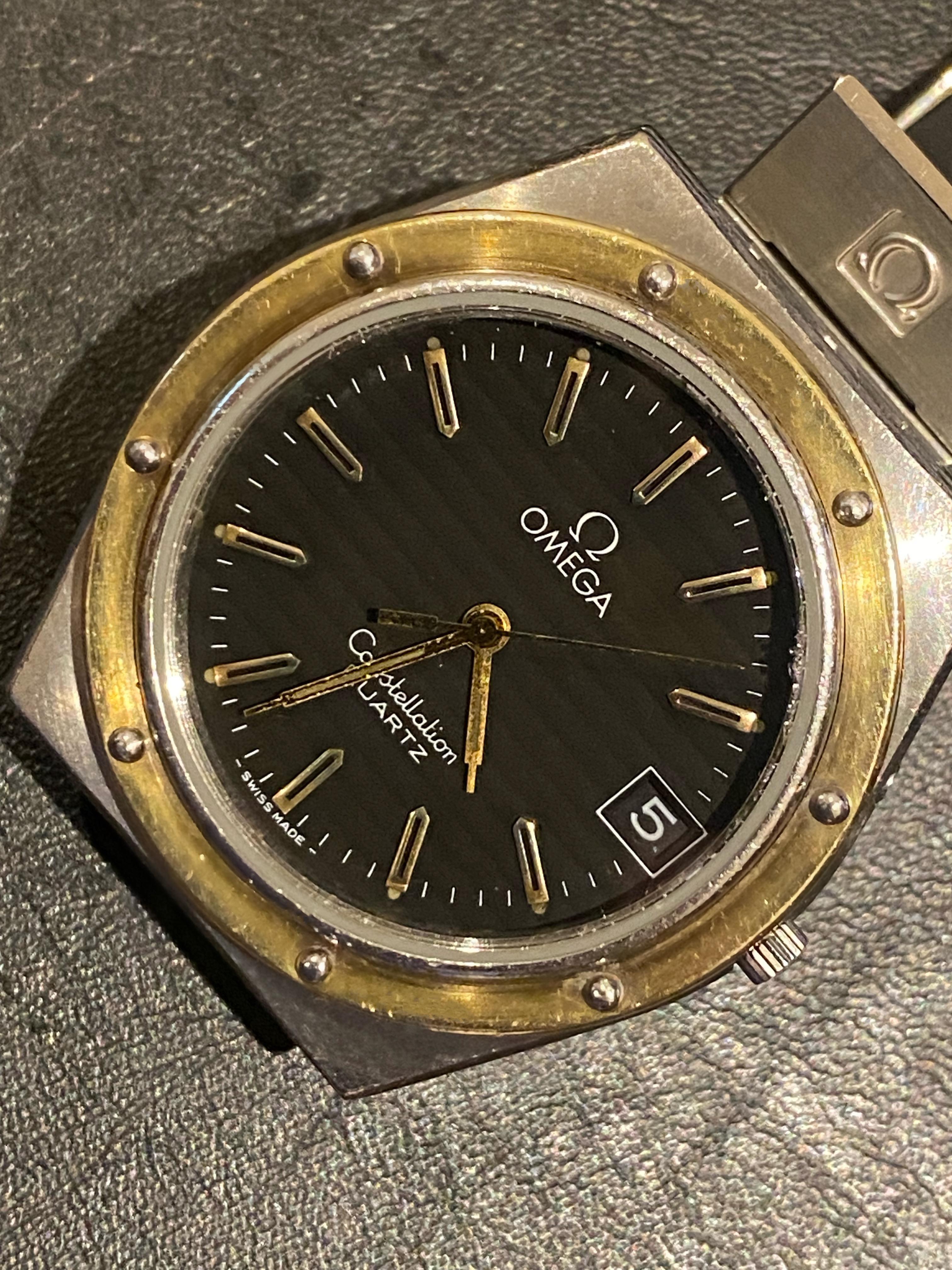 Omega Constellation Marine 18K Gold Lünette Schwarzes Teakholz Zifferblatt Quarzuhr, Ref 1332 5