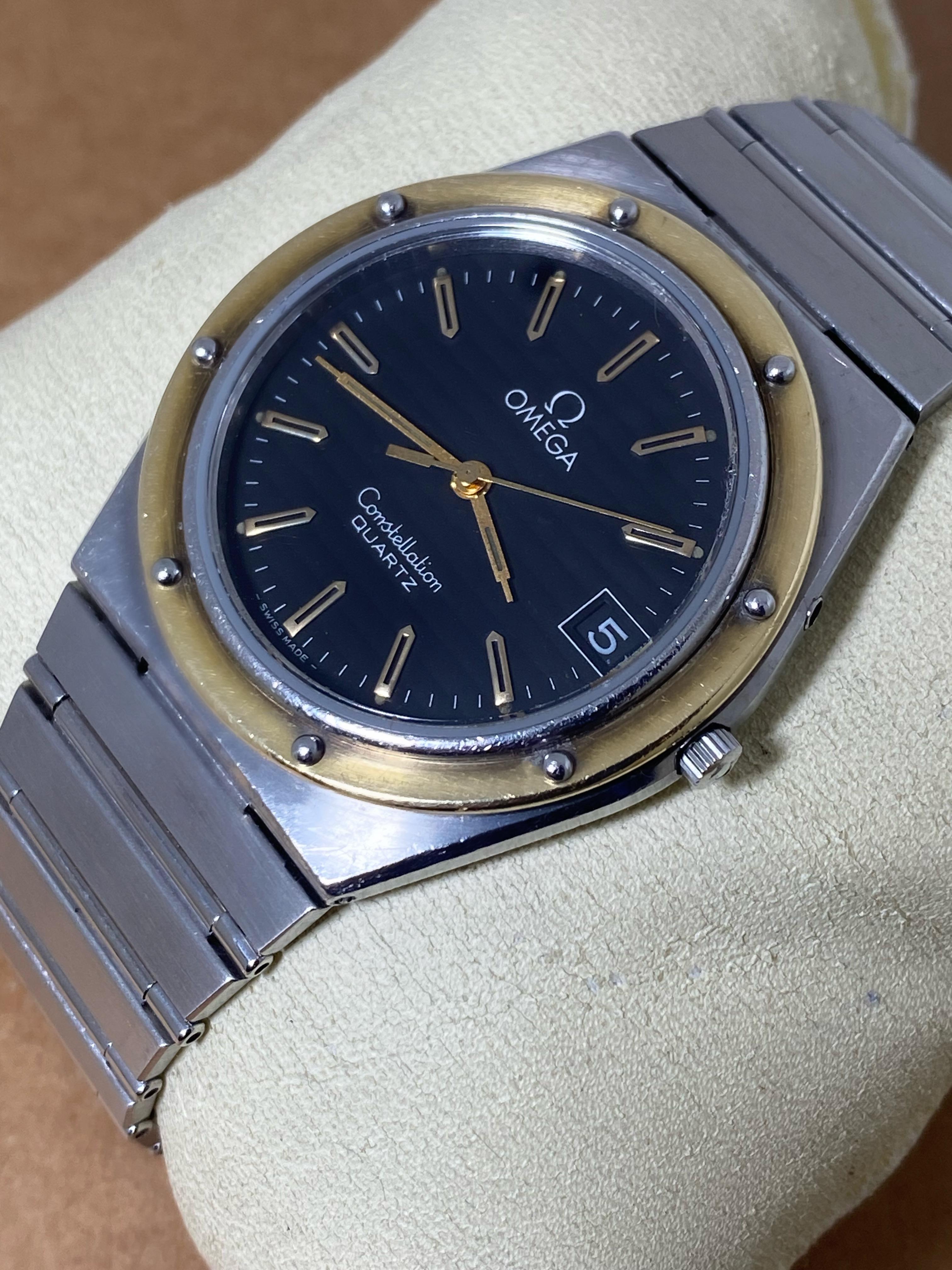 Omega Constellation Marine 18K Gold Lünette Schwarzes Teakholz Zifferblatt Quarzuhr, Ref 1332 3