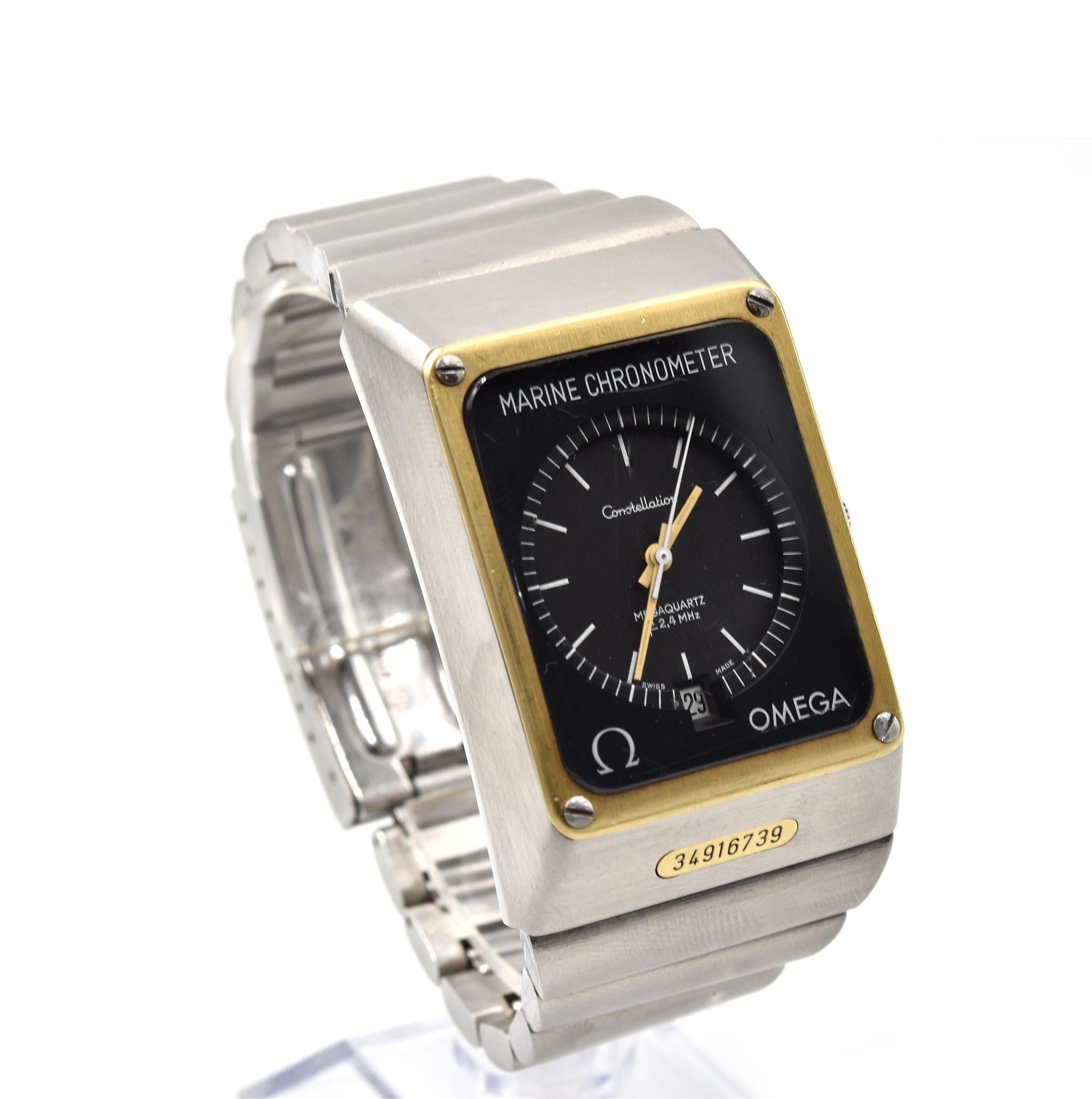 Movement: automatic
Function: hours, minutes, sub-seconds
Case: 44mm x 32mm stainless steel case, 18k yellow gold bezel, mineral glass, steel pull/push crown, water resistant to 100 meters
Band: stainless steel bracelet with folding clasp
Dial: