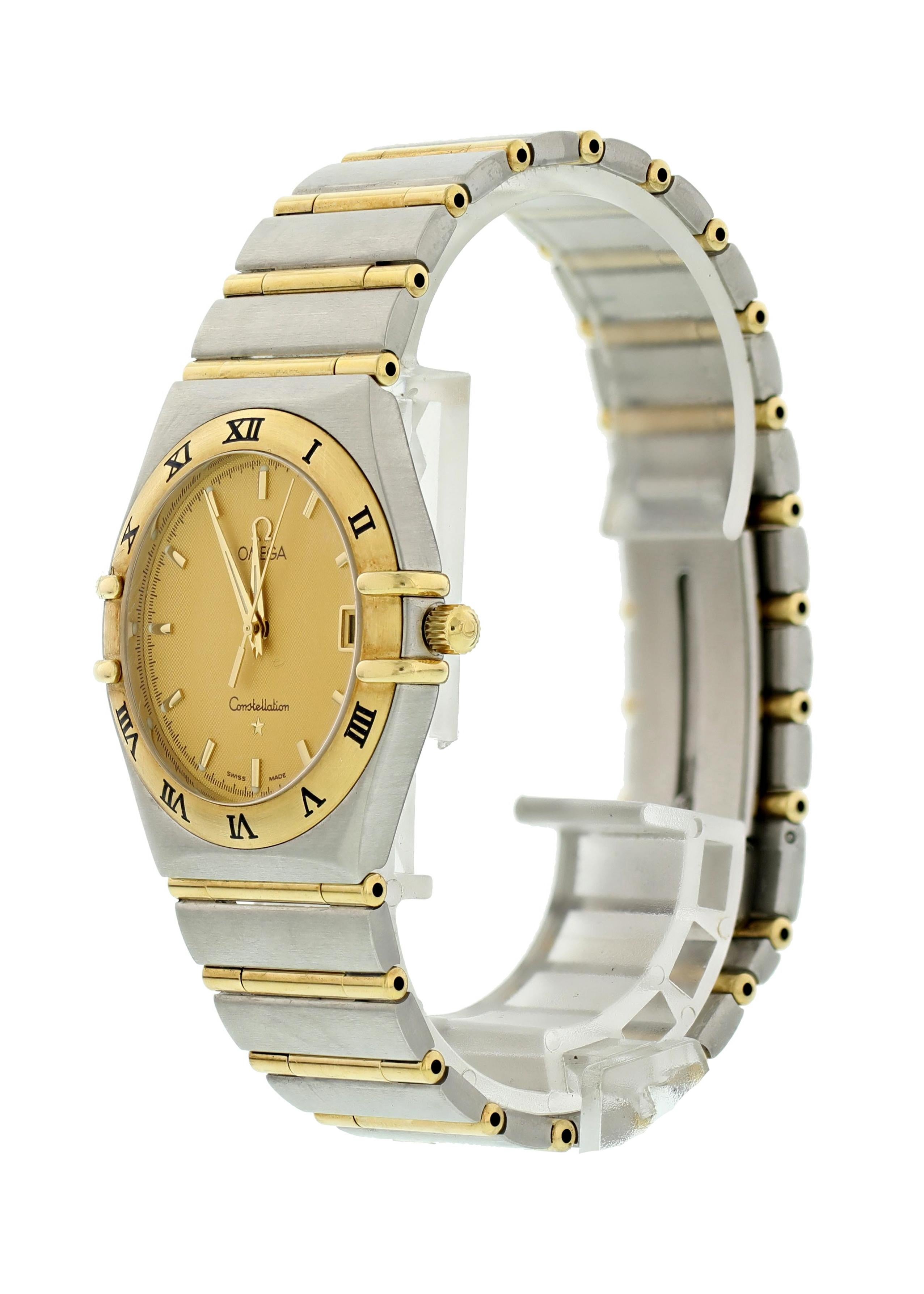 Omega Constellation 1212.10 Men's Watch. 33.5mm stainless steel case 18K Gold bezel with Black Roman numerals.Champagne dial gold luminous hands and gold hour markers. Minute markers around the outer dial. Date display at 3 o'clock position.