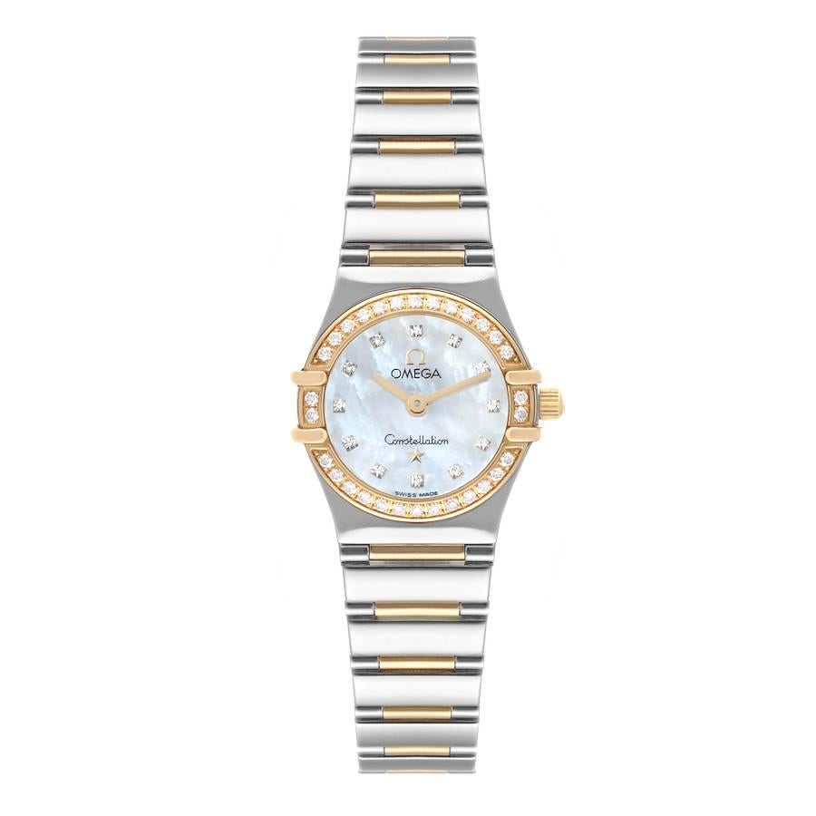 Omega Constellation MOP Dial Diamond Ladies Watch 1365.75.00 Box Card. Quartz movement. Stainless steel and 18k yellow gold round case 22.5 mm in diameter. 18k yellow gold bezel set with original Omega factory diamonds. Domed, scratch-resistant