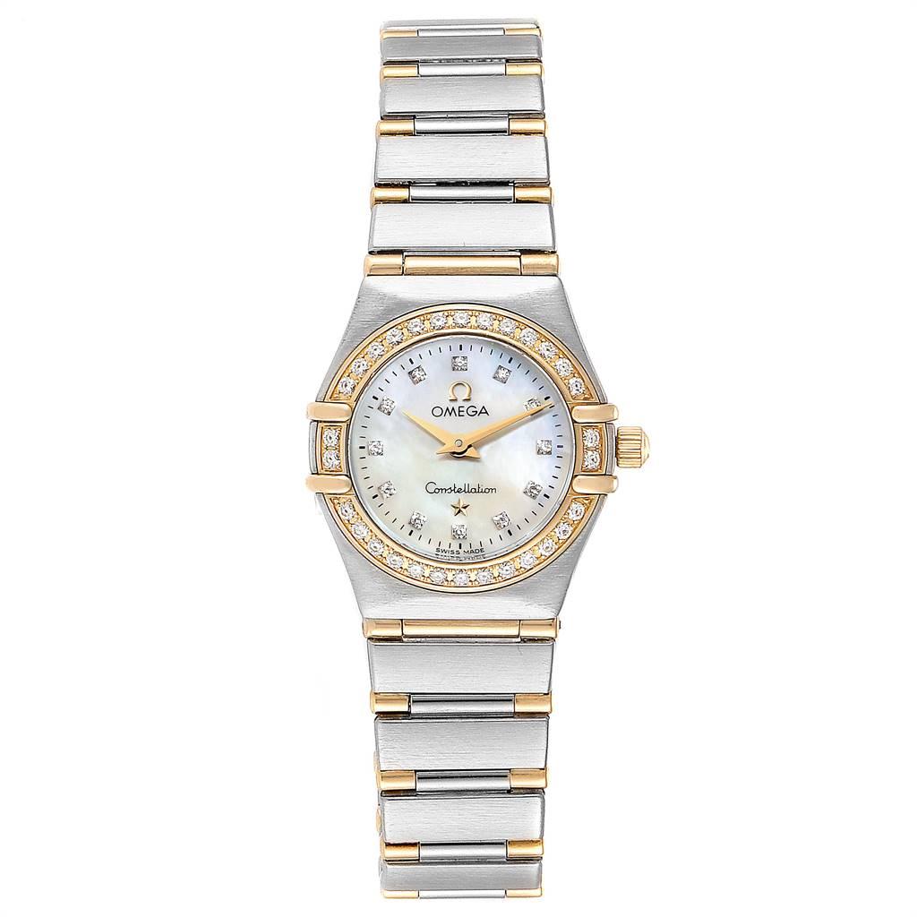 Omega Constellation MOP Diamond Ladies Watch 1267.75.00 Box Card. Quartz movement. Stainless steel and 18k yellow gold round case 22.5 mm in diameter. 18k yellow gold diamond bezel. Scratch resistant sapphire crystal. Mother-of-pearl dial with