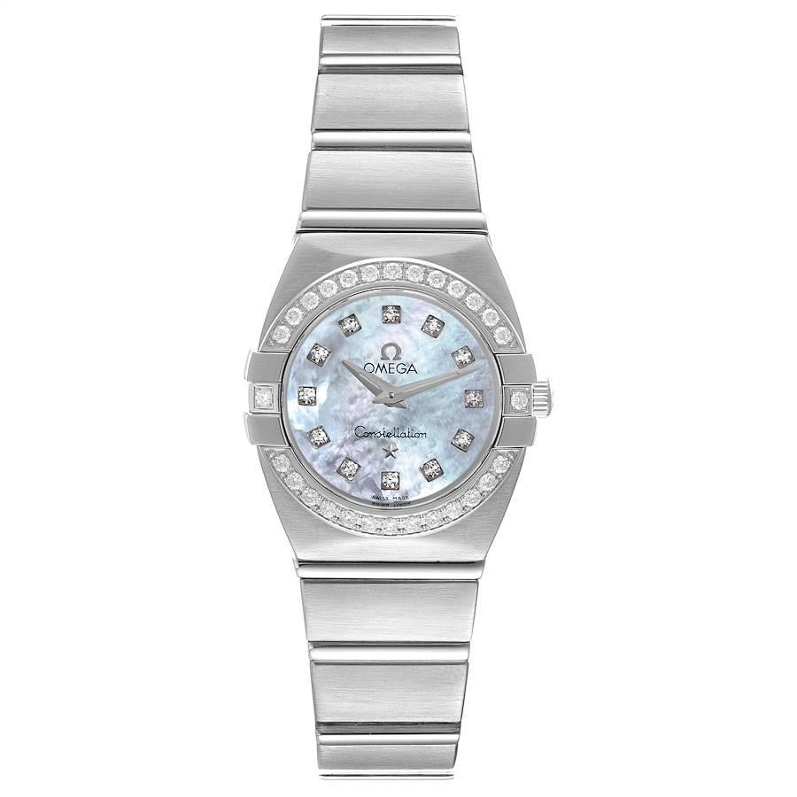 Omega Constellation MOP Diamond Steel Ladies Watch 1589.75.00. Quartz movement. Stainless steel brushed round case 27 mm in diameter. Stainless steel diamond bezel. Scratch resistant sapphire crystal. White mother-of-pearl dial with Omega logo