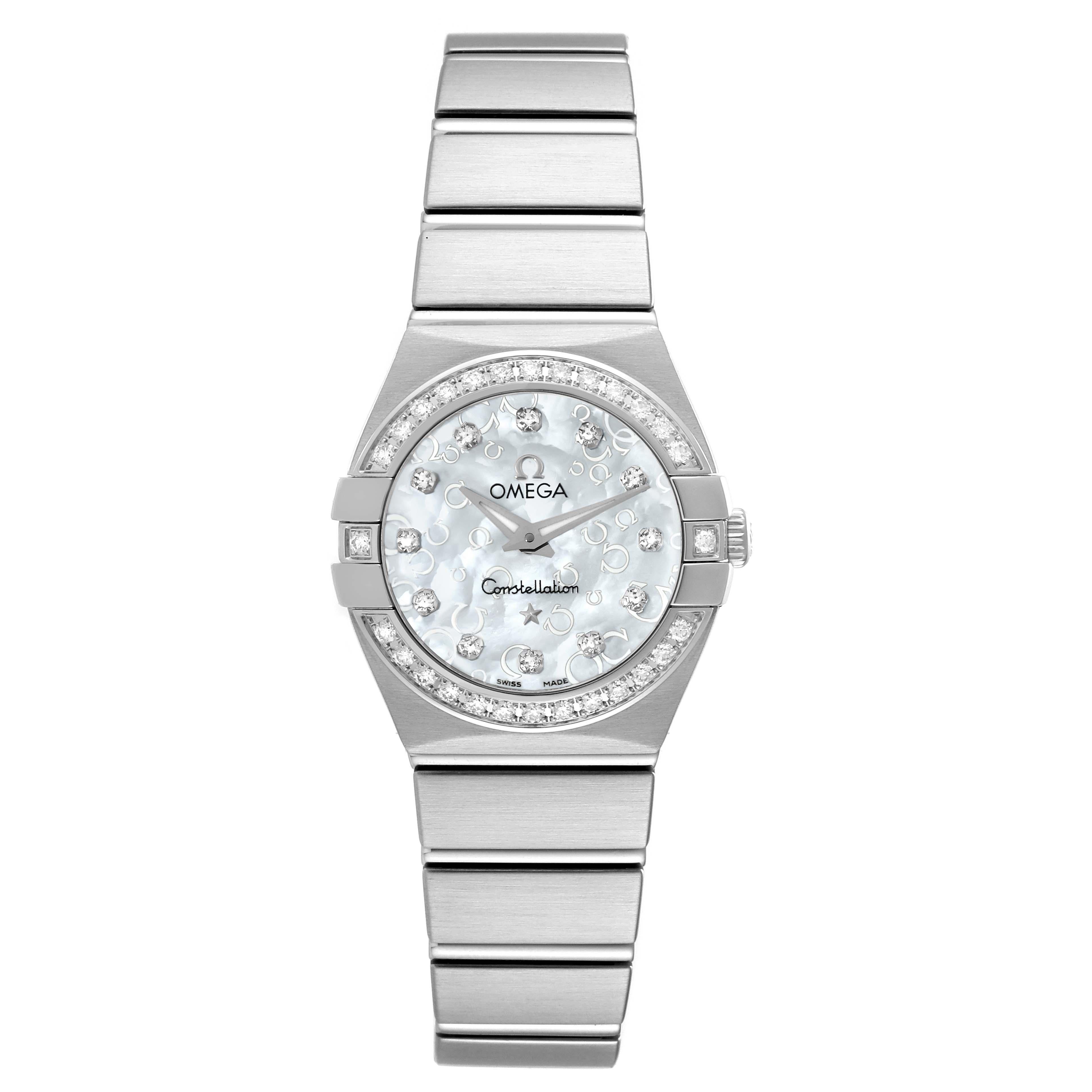 Omega Constellation Mother Of Pearl Diamond Steel Ladies Watch 123.15.24.60.52.001. Quartz movement. Stainless steel brushed round case 24mm in diameter. Stainless steel original Omega factory diamond bezel. Scratch resistant sapphire crystal.