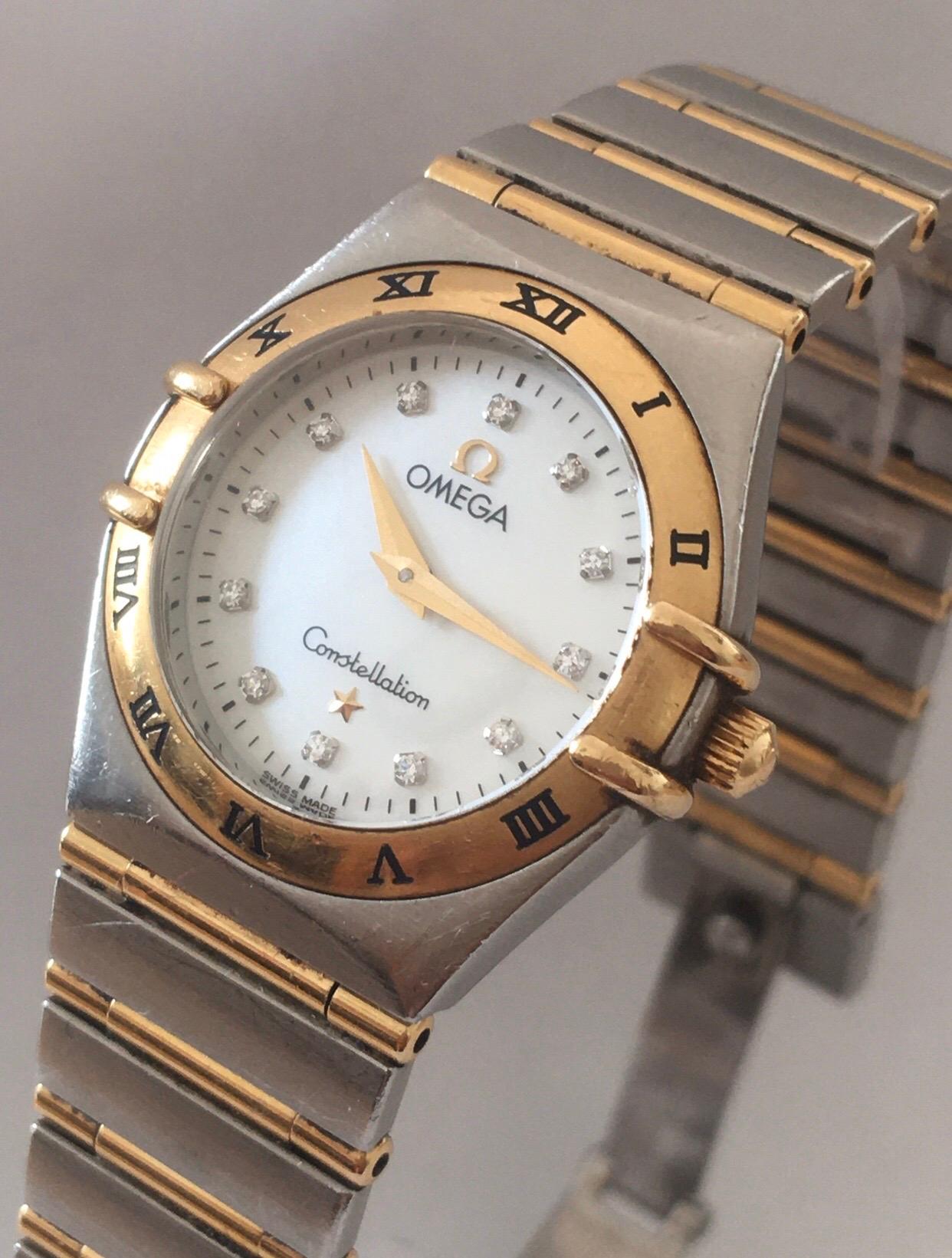 Omega Constellation Mother Pearl Yellow Gold and Steel Diamond Women’s Watch For Sale 11