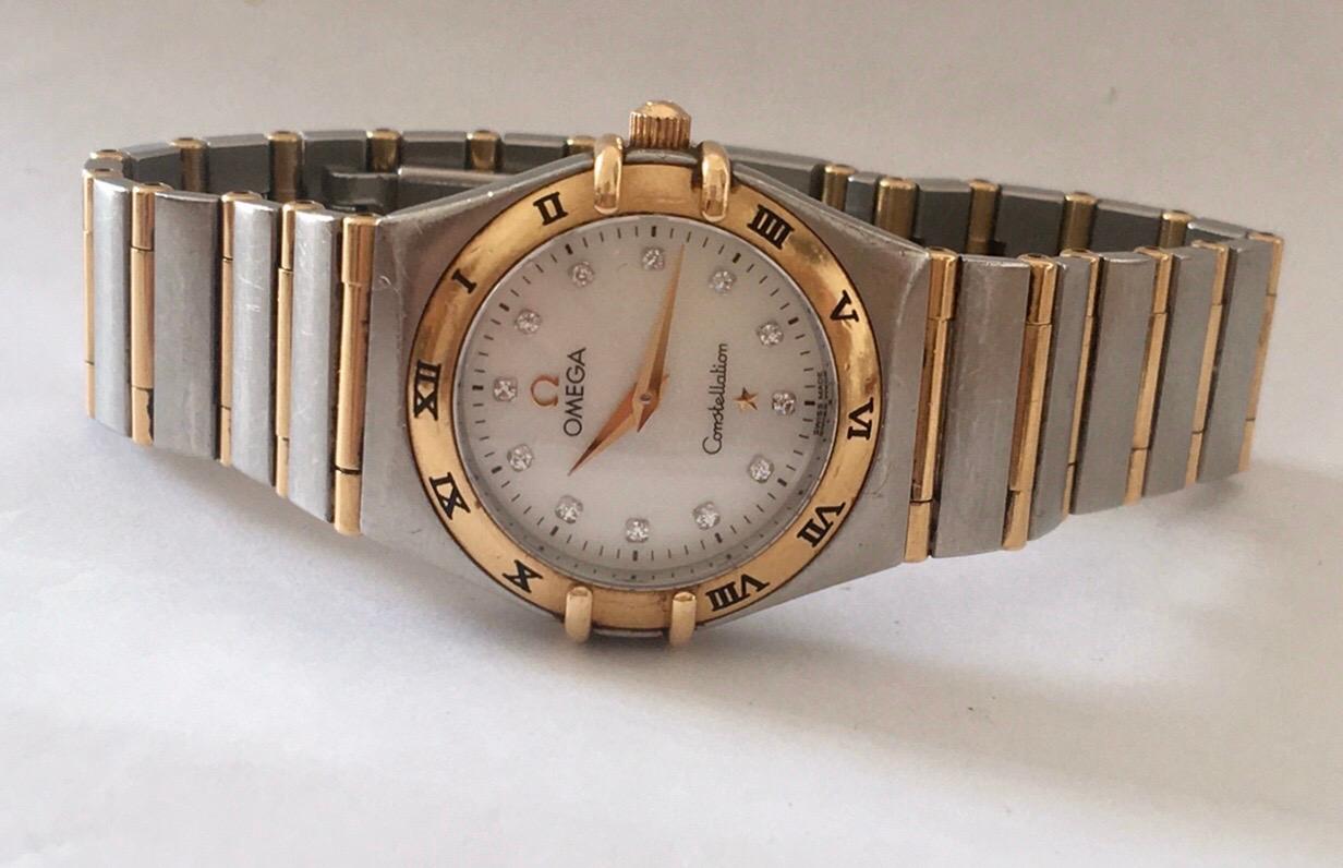 Bead Omega Constellation Mother Pearl Yellow Gold and Steel Diamond Women’s Watch For Sale