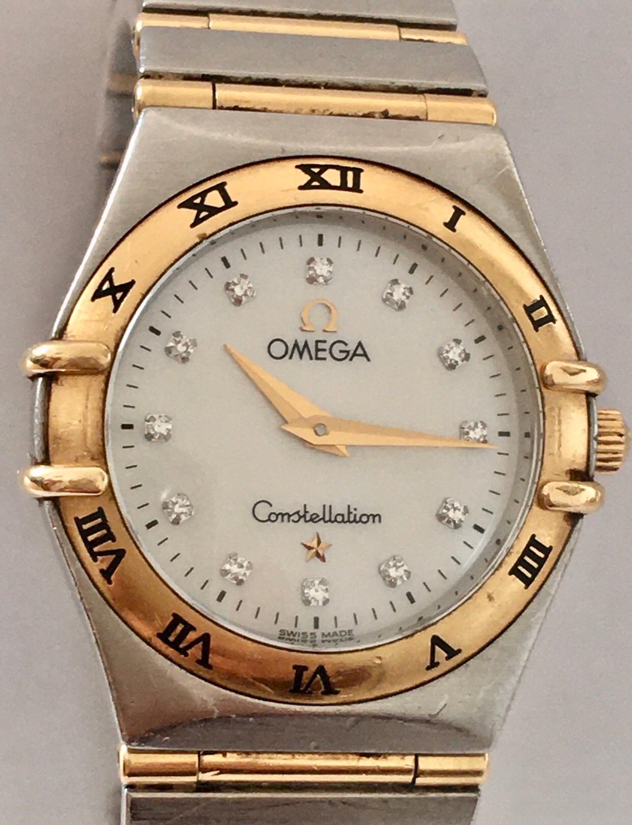 Omega Constellation Mother Pearl Yellow Gold and Steel Diamond Women’s Watch In Good Condition For Sale In Carlisle, GB