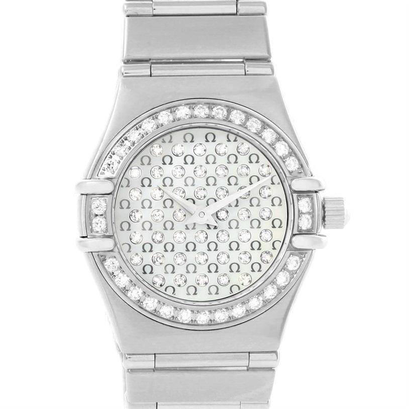 Omega Constellation My Choice Mini Diamond Steel Watch 1455.77.00. Quartz movement. Stainless steel round case 22.5 mm in diameter. Scratch resistant sapphire crystal. Mother-of-pearl Omega logo diamond dial. Stainless steel diamond bezel. Stainless