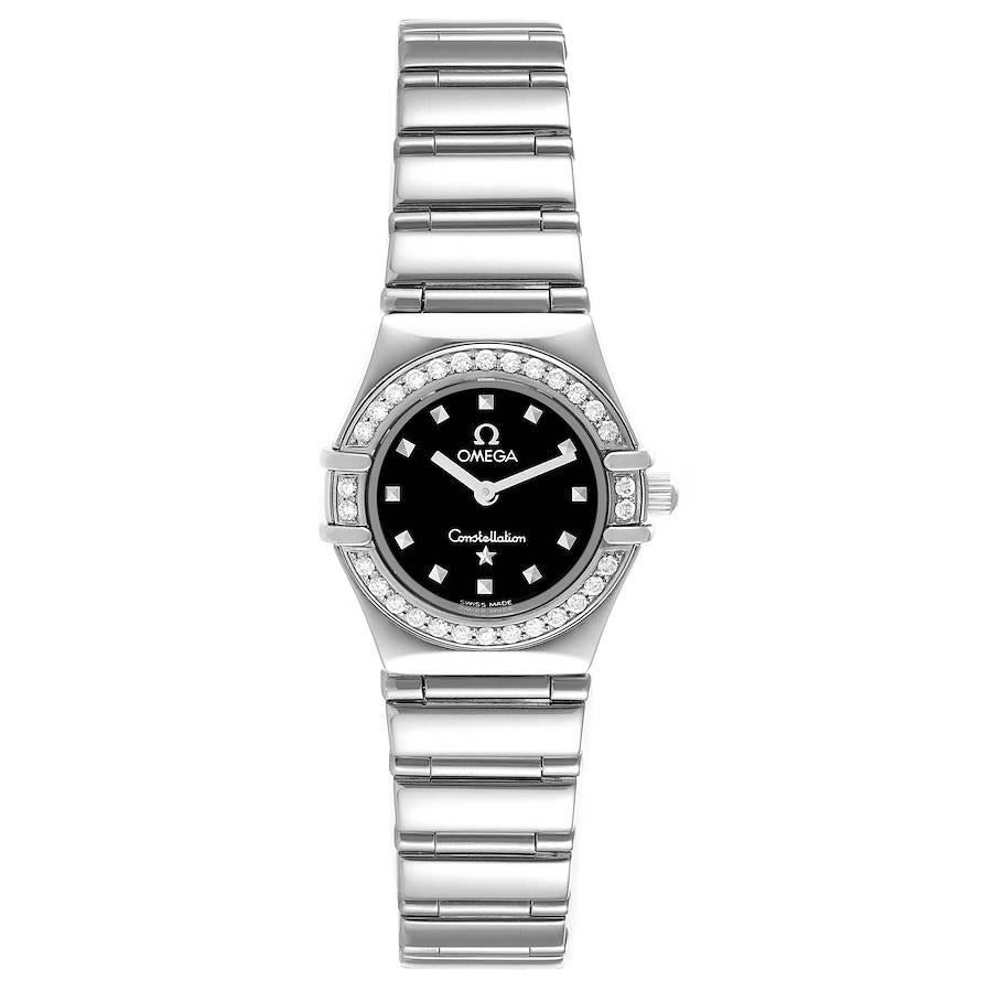 Omega Constellation My Choice Mini Ladies Diamond Watch 1465.51.00 Box Card. Quartz movement. Stainless steel round case 22.5 mm in diameter. Stainless steel diamond bezel. Scratch resistant sapphire crystal. Black dial with pyramid hour markers.