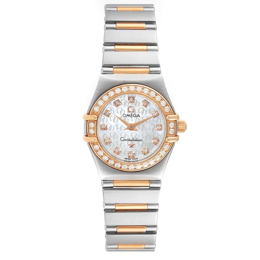 Omega Constellation My Choice Steel Rose Gold Diamond Watch 1360.75.00. Quartz movement. Stainless steel and 18k rose gold round case 22.5 mm in diameter. 18k rose gold diamond bezel. Scratch resistant sapphire crystal. Mother-of-pearl Omega logo