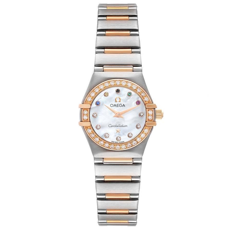 Omega Constellation Olympic Steel Rose Gold Ladies Watch 11.25.23.60.55.002. Quartz movement. Stainless steel and 18K rose gold round case 22.5 mm in diameter. 18K rose gold diamond bezel. Scratch resistant sapphire crystal. Mother-of-pearl dial