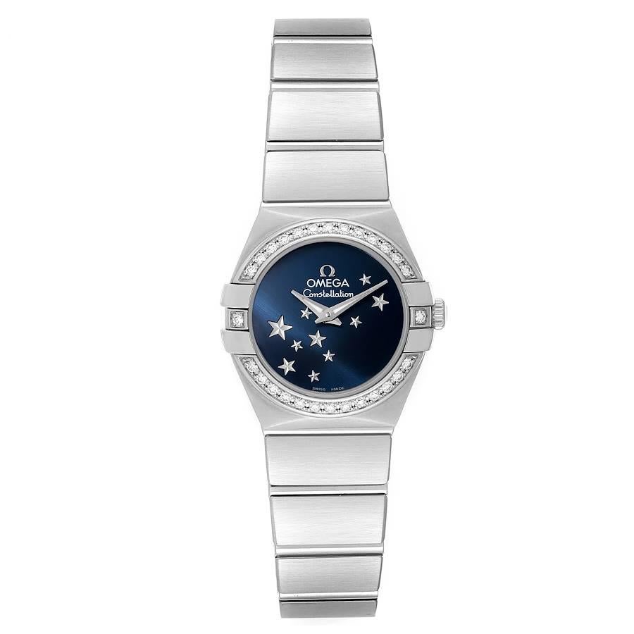 Omega Constellation Orbis Star Steel Diamond Watch 123.15.24.60.03.001 Box Card. Quartz movement. Stainless steel brushed round case 24 mm in diameter. Original Omega factory diamond bezel. Scratch resistant sapphire crystal. Sun-brushed Blue dial