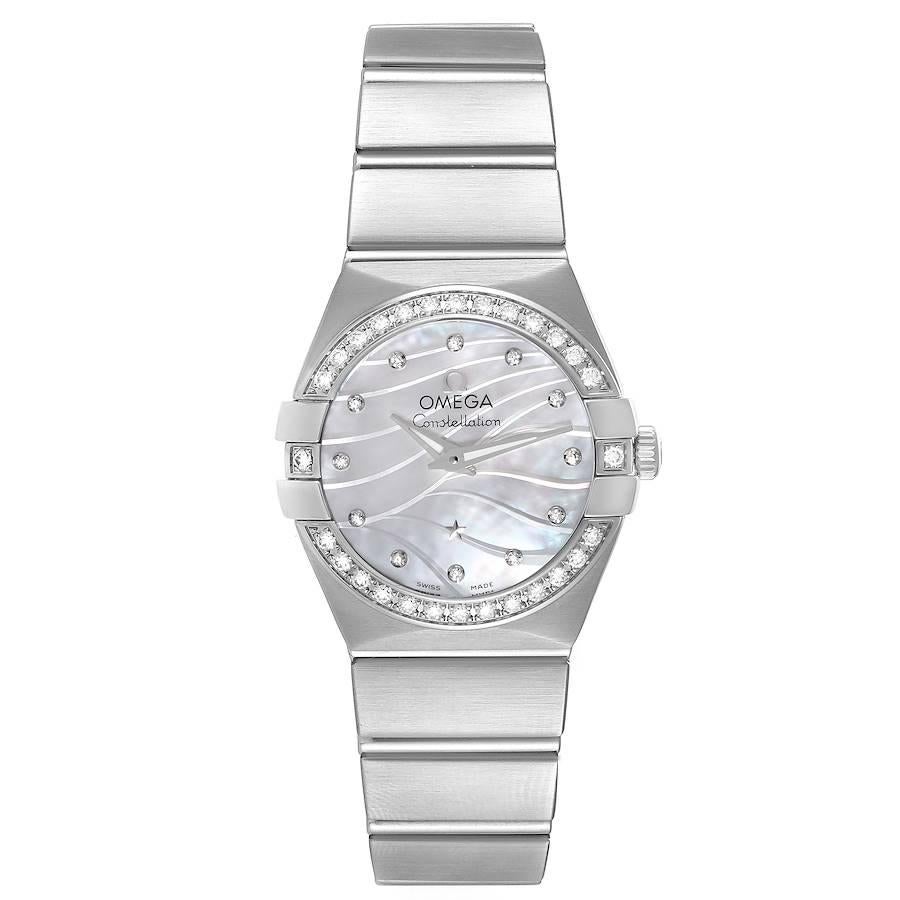 Omega Constellation Quartz 24 MOP Diamond Watch 123.15.24.60.55.006. Quartz movement. Stainless steel brushed round case 24 mm in diameter. Stainless steel bezel set with original Omega factory diamonds. Scratch resistant sapphire crystal. Decorated