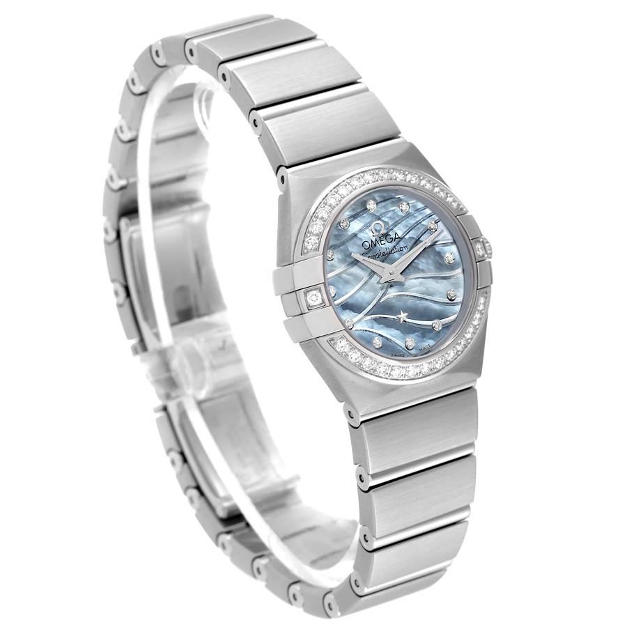 Omega Constellation Quartz 24 MOP Diamond Watch 123.15.24.60.57.001 Box Card In Excellent Condition For Sale In Atlanta, GA