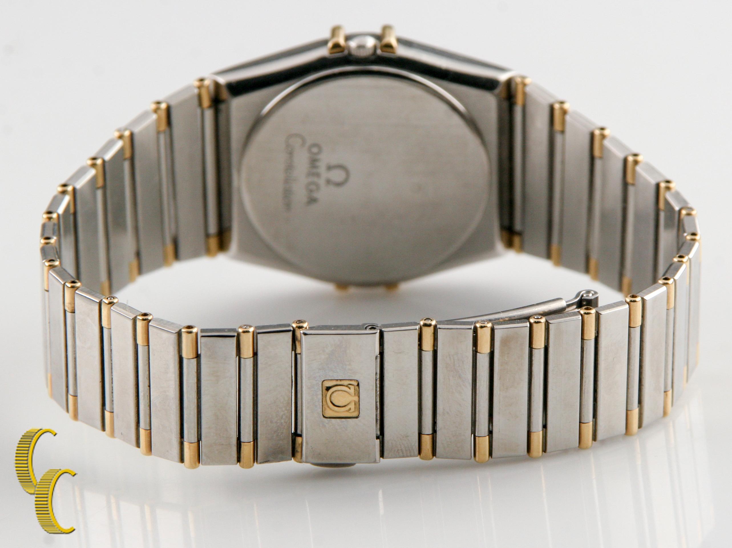 Round Cut Omega Constellation Quartz Two-Tone Watch with Diamond Dial and Date Feature For Sale