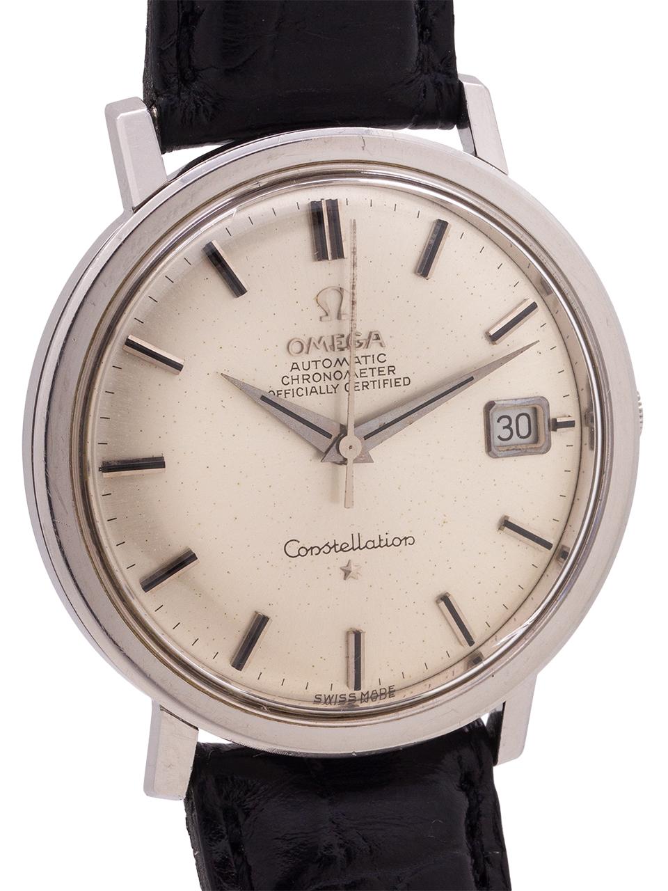 
Omega Constellation stainless steel ref# 168.004 movement serial# 24 million circa 1966. Featuring a 35mm case with screw down case back and deeply engraved Observatory logo, with acrylic crystal, and beautiful condition original silver pie pan