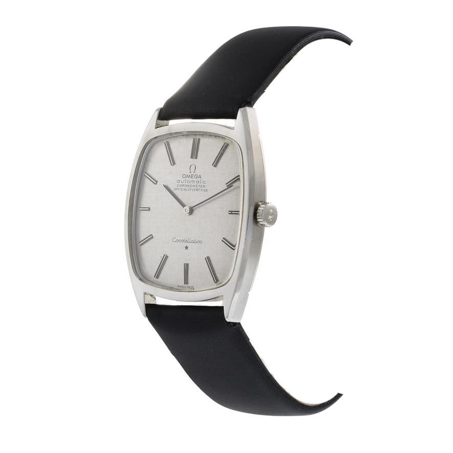 This is a 1966 Omega Constellation reference 153.014. This watch is chronometer grade and is powered by an Omega reference 717 24 jewel automatic movement.

The Constellation is housed in a 31mm stainless steel square 