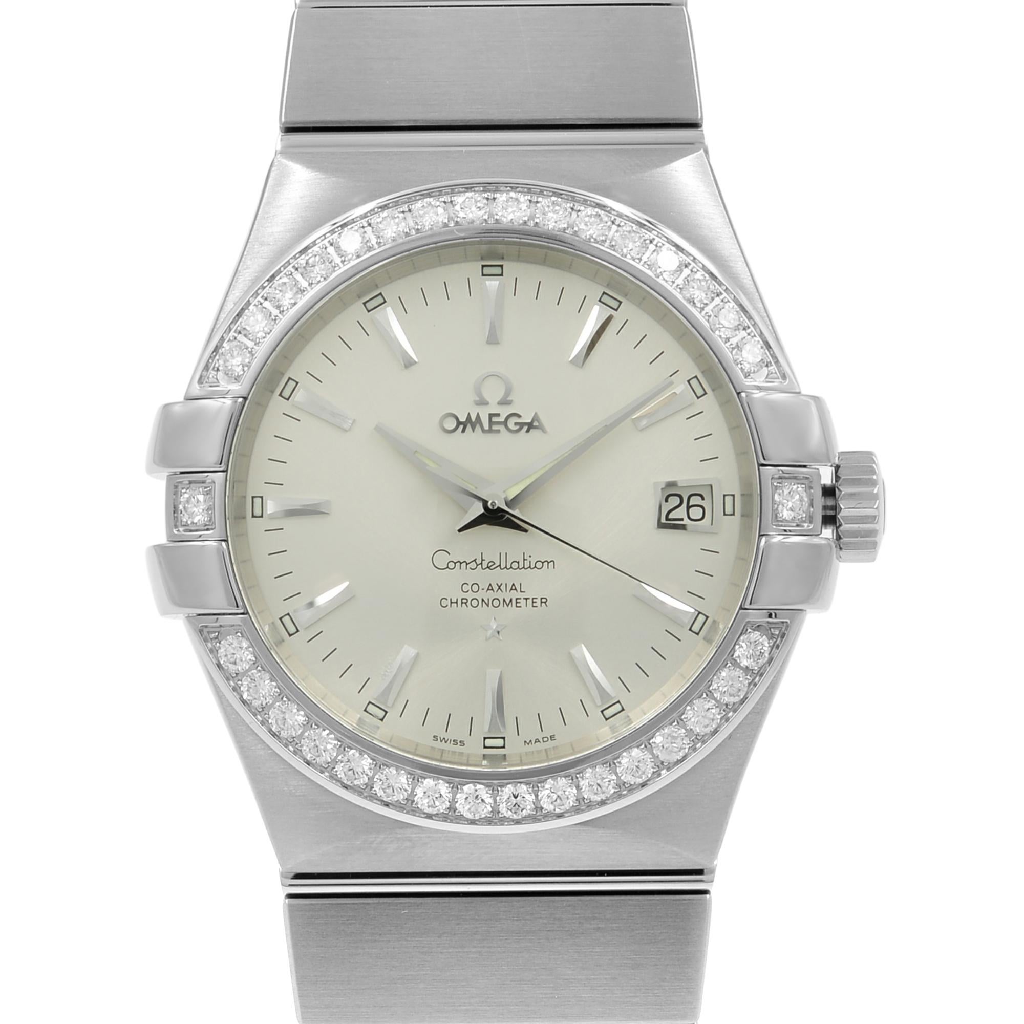 This display model Omega Constellation 123.15.35.20.02.001 is a beautiful men's timepiece that is powered by an automatic movement which is cased in a stainless steel case. It has a round shape face, date, diamonds dial and has hand sticks style