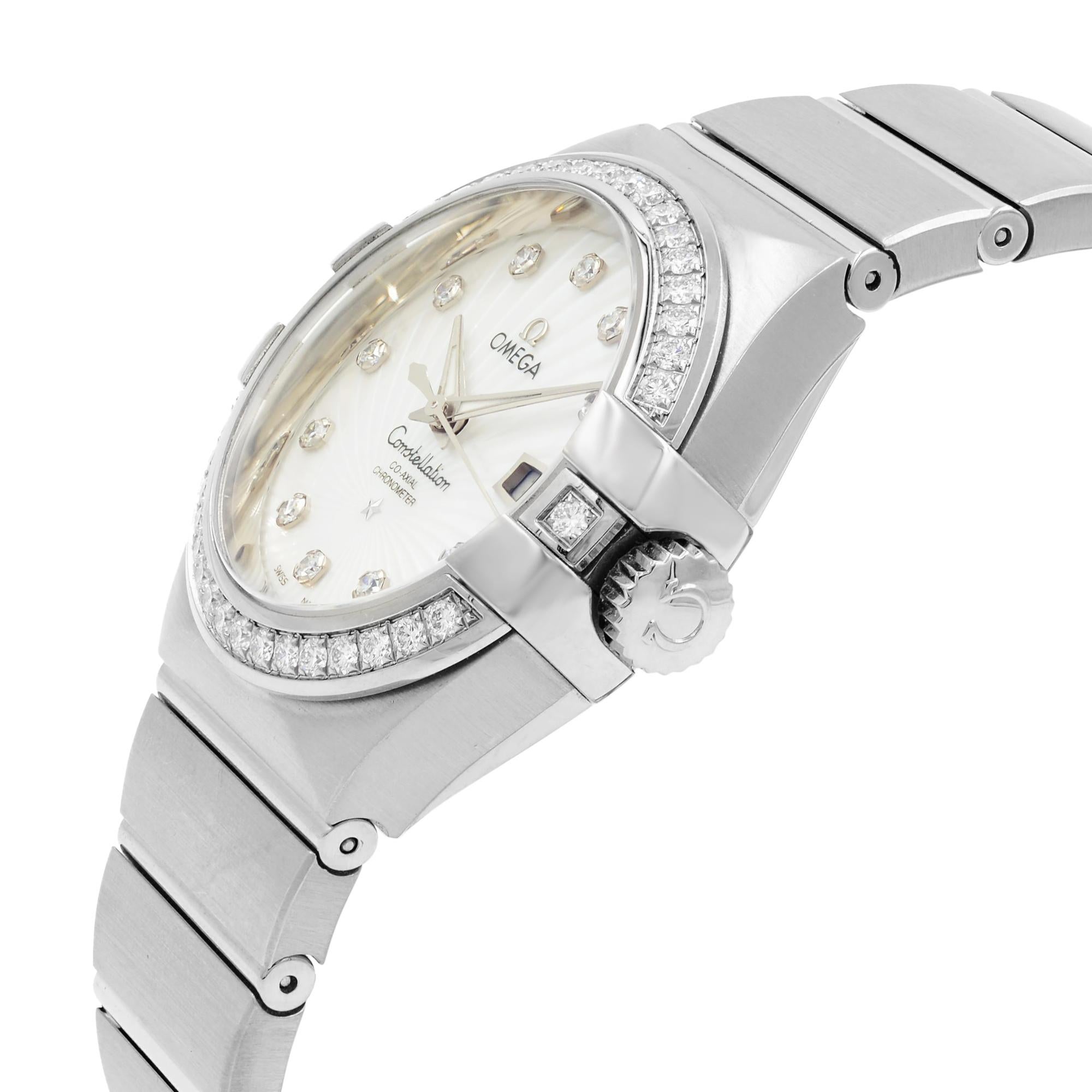Omega Constellation Silver Diamond White Gold Ladies Watch 123.55.31.20.55.003 In New Condition For Sale In New York, NY