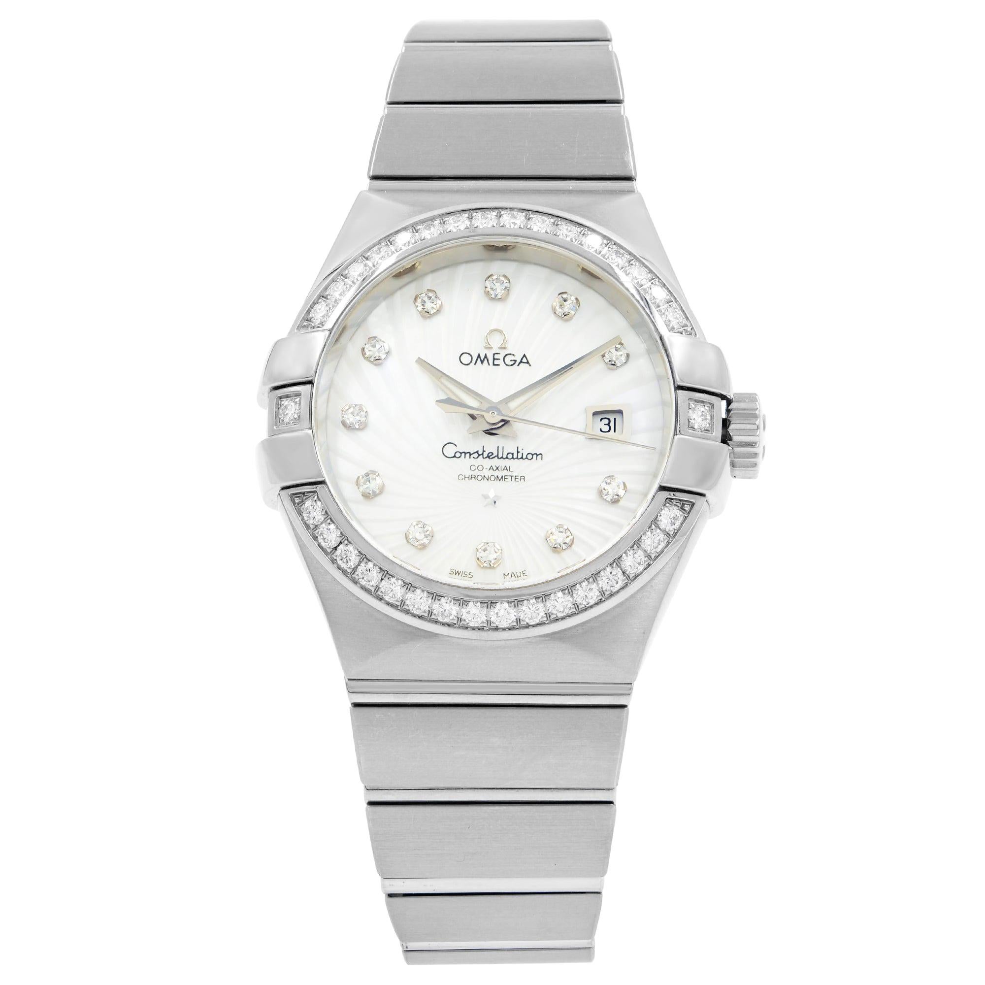 Omega Constellation Silver Diamond White Gold Ladies Watch 123.55.31.20.55.003 For Sale
