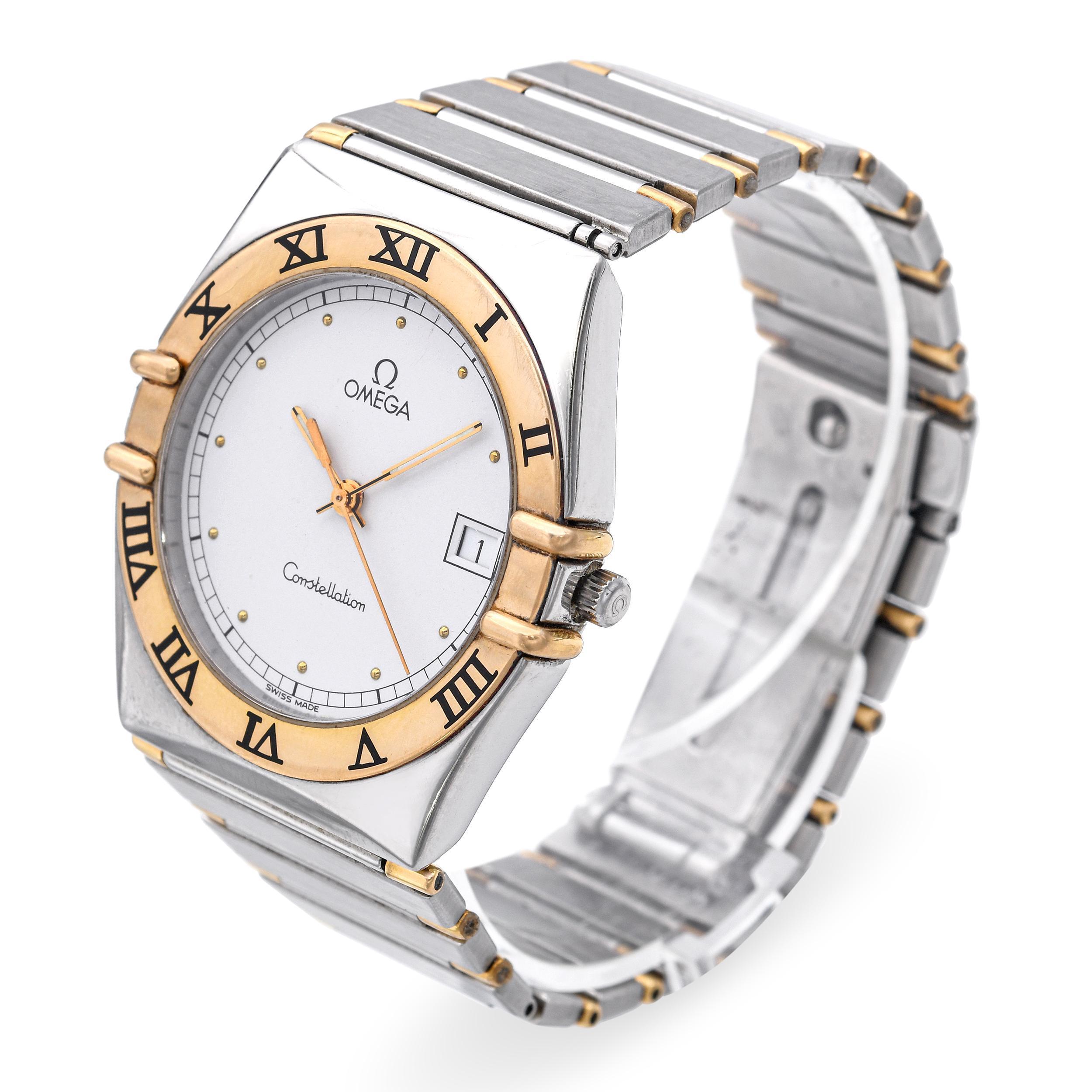 Brand: Omega
Model: Constellation
Reference#3961070
Case Size: 32mm
Movement: Quartz
Material: Stainless Steel, 18k YG
Size: 6 Inches. There are 4 additional links but they are missing the gold caps
Weight: 64.6 Grams
Condition: Good Working