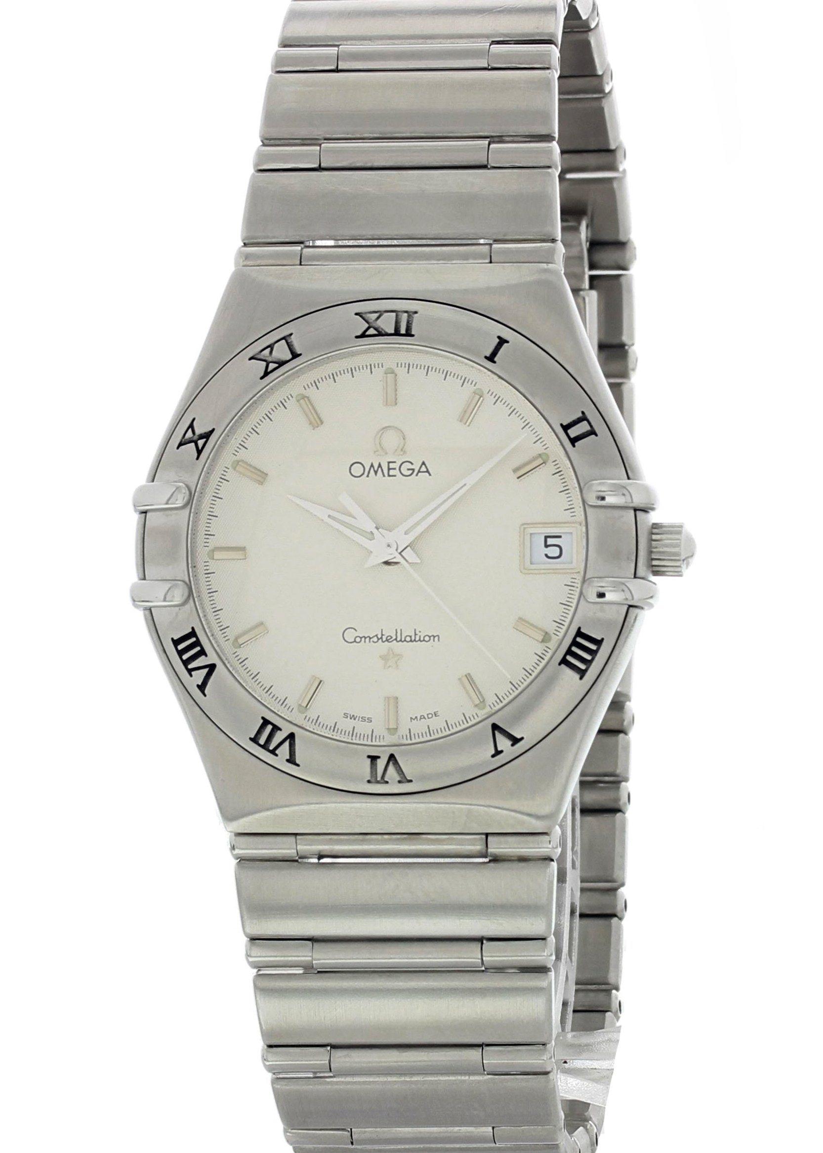 Omega Constellation Stainless Steel Ladies Watch. 34 mm stainless steel case. Steel bezel with black Roman numerals. White dial with steel hands and markers. Stainless steel band with stainless steel fold-over clasp. Will fit up to a 6-inch wrist.
