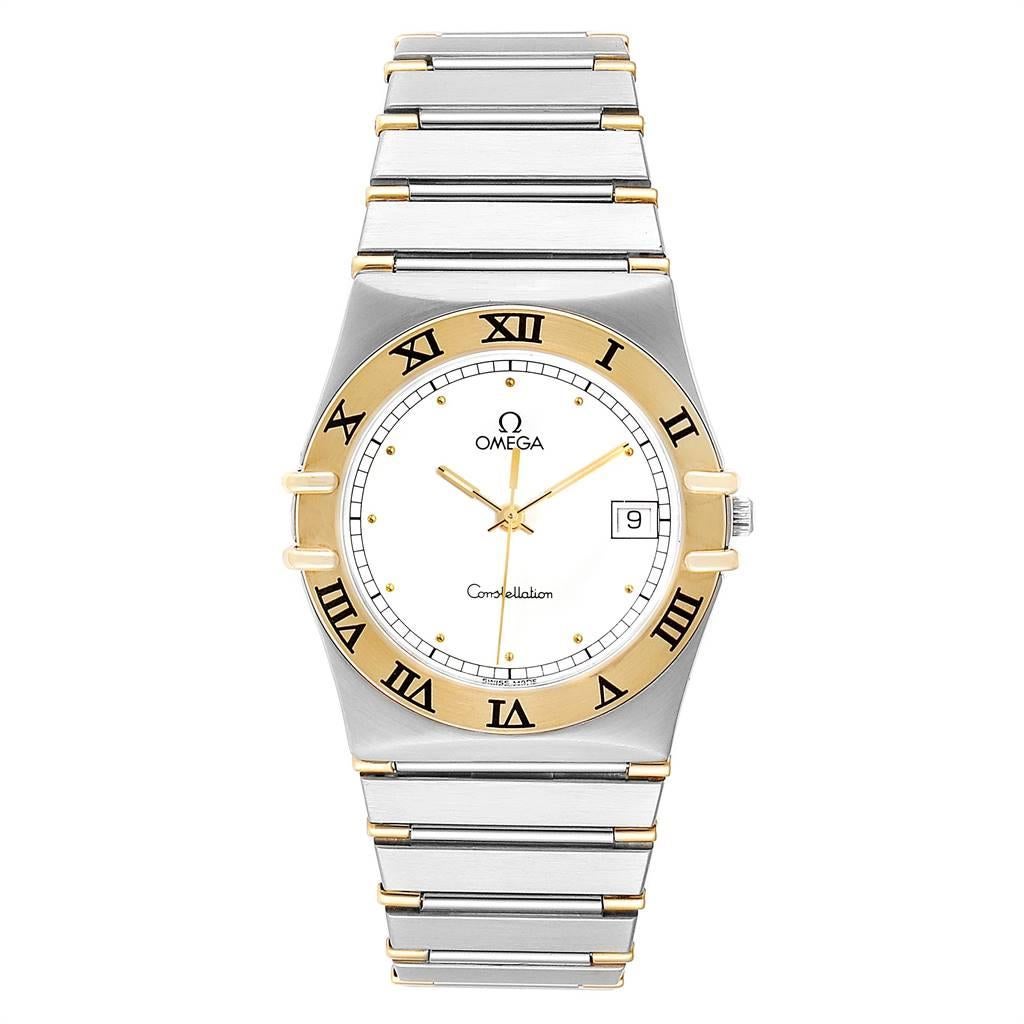 Omega Constellation Steel 18K Yellow Gold Mens Watch 3961076. Quartz movement. Brushed stainless steel and 18K yellow gold case 32.0 mm in diameter. Omega logo on a crown. 18K yellow gold bezel with Roman numerals. Scratch resistant anti-reflective