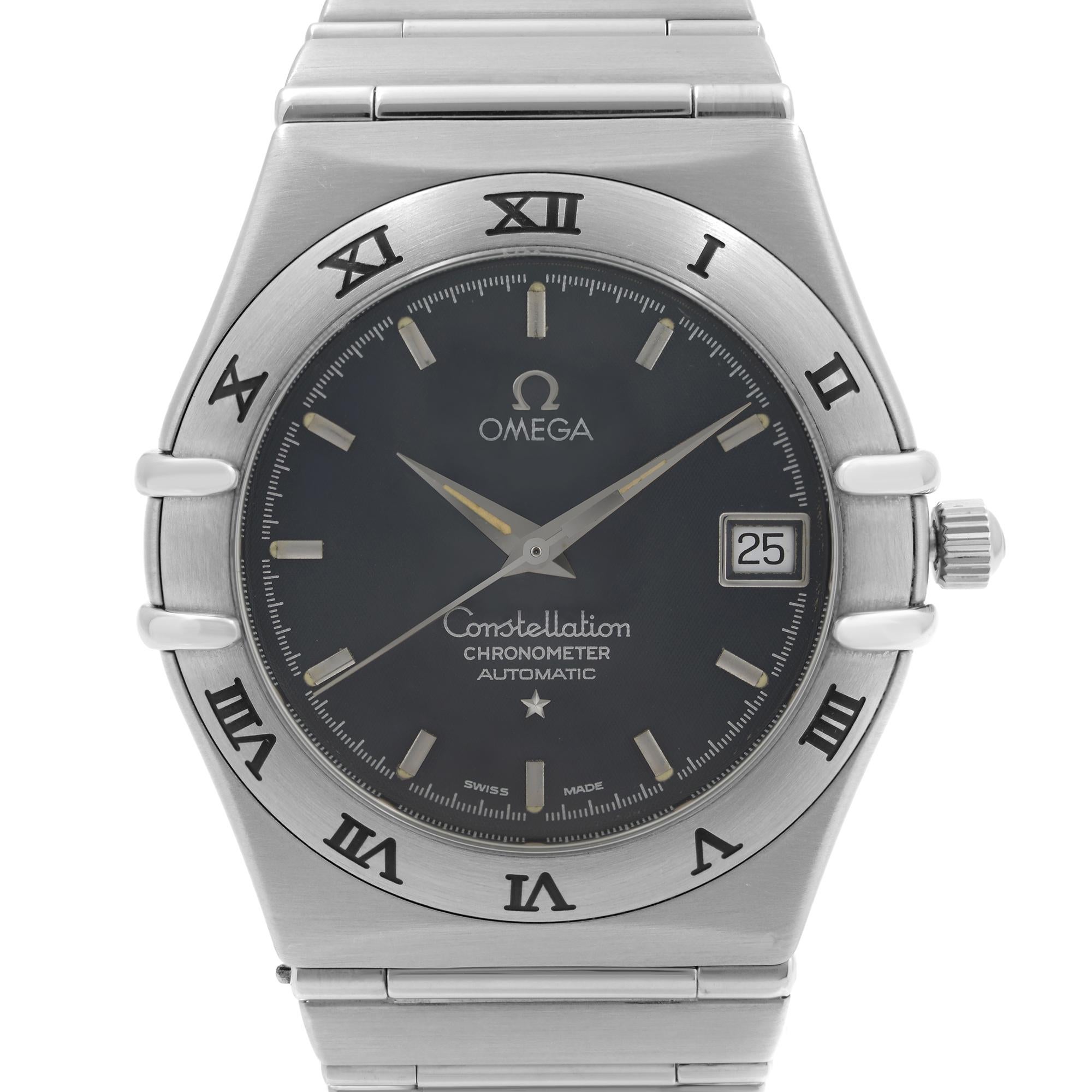 Pre-owned Omega Constellation Stainless Steel 35 mm Date Gray Dial Men's Automatic Watch 3681201. The Timepiece is powered by an Automatic movement. Features: Polished Stainless Steel Case and Steel Bracelet. Fixed Steel Bezel. Gray Dial with