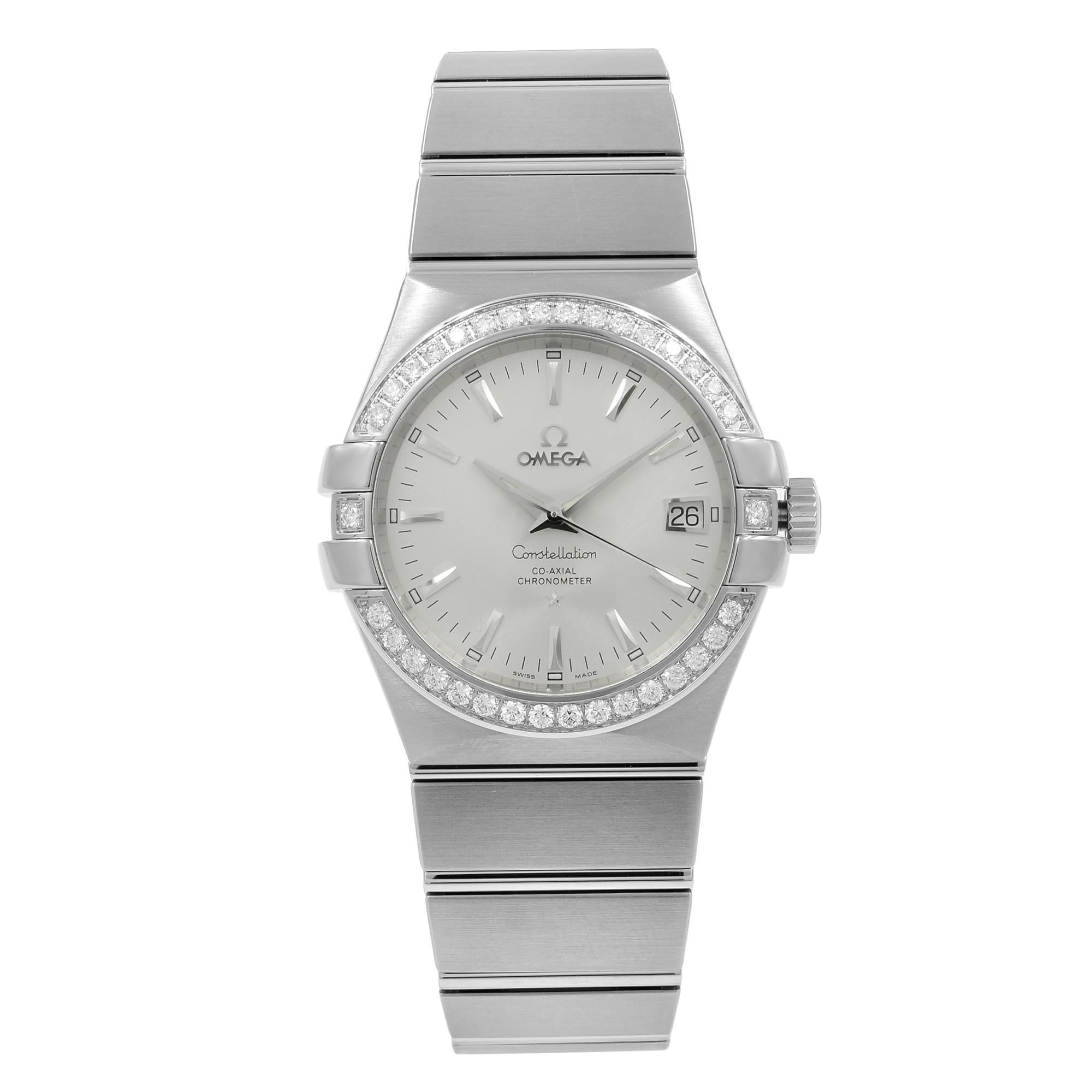 Omega Constellation Silver Diamond Steel Automatic Watch 123.15.35.20.02.001 For Sale