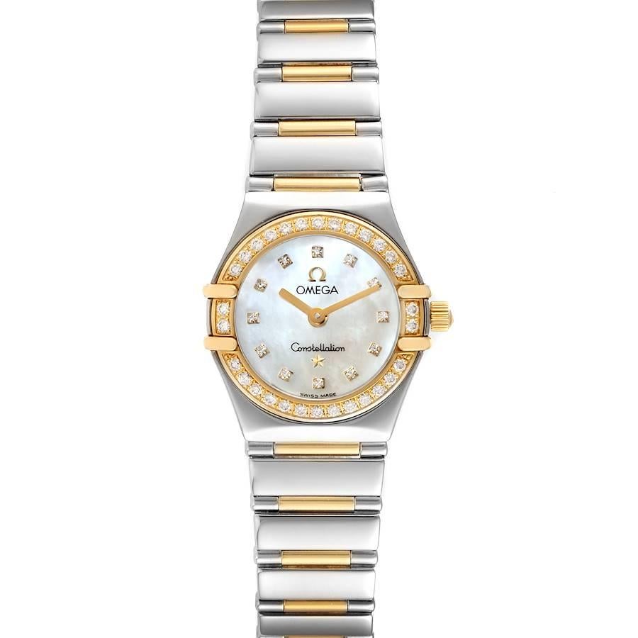 Omega Constellation Steel Yellow Gold Diamond Ladies Watch 1365.75.00 Box Card. Quartz movement. Stainless steel and 18k yellow gold round case 22.5 mm in diameter. 18k yellow gold diamond bezel. Domed, scratch-resistant sapphire crystal with