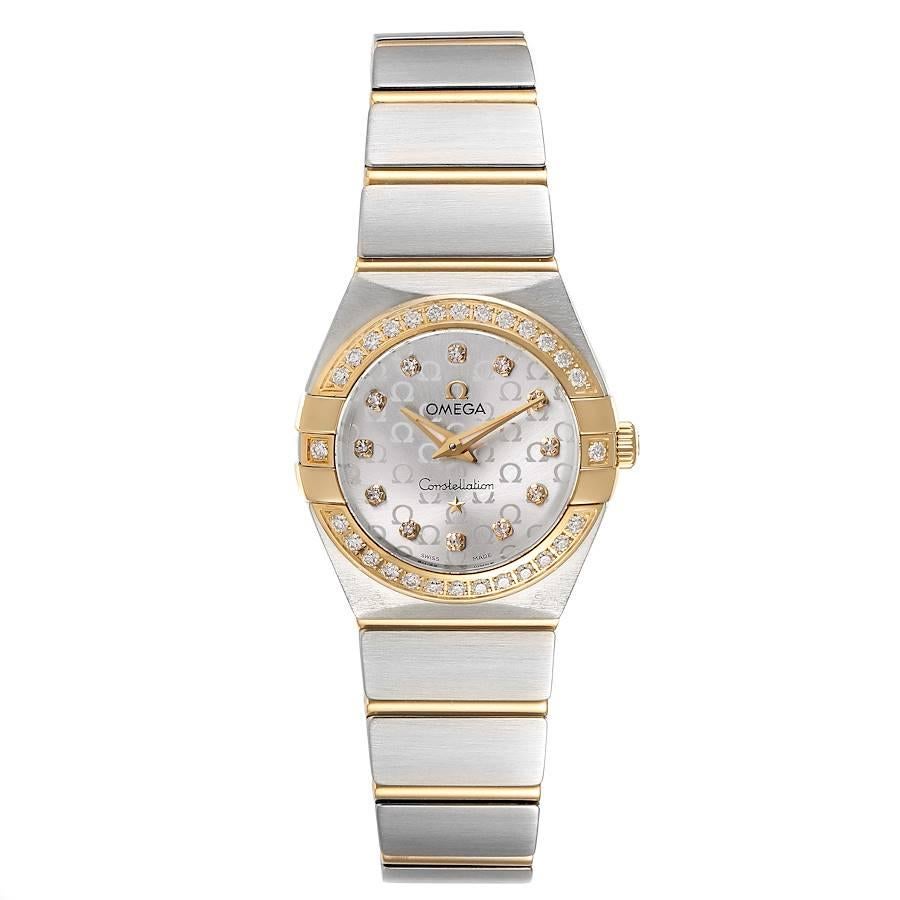 Omega Constellation Steel Yellow Gold Diamond Watch 123.25.24.60.52.001. Quartz movement. Stainless steel brushed round case 24 mm in diameter. Original Omega factory diamond bezel. Scratch resistant sapphire crystal. Silver dial decorated with