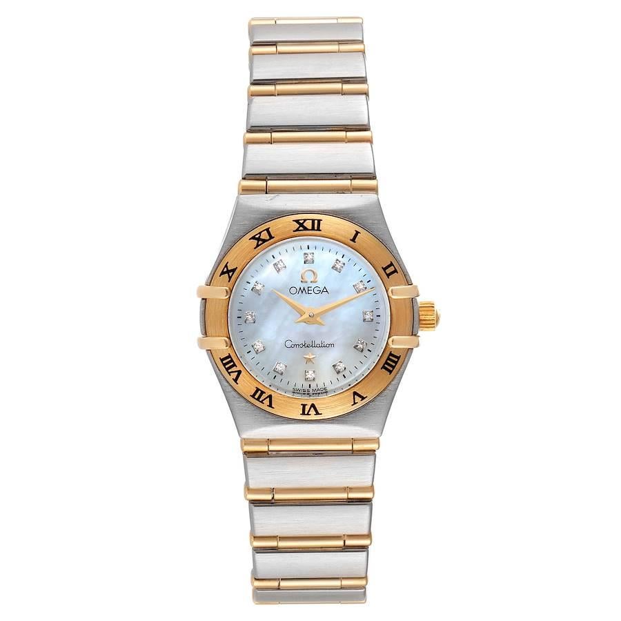 Omega Constellation Steel Yellow Gold MOP Diamond Ladies Watch 1262.75.00. Quartz movement. Brushed stainless steel and 18K yellow gold case 22.5 mm in diameter. Omega logo on a crown. 18k yellow gold with engraved roman numerals bezel. Scratch