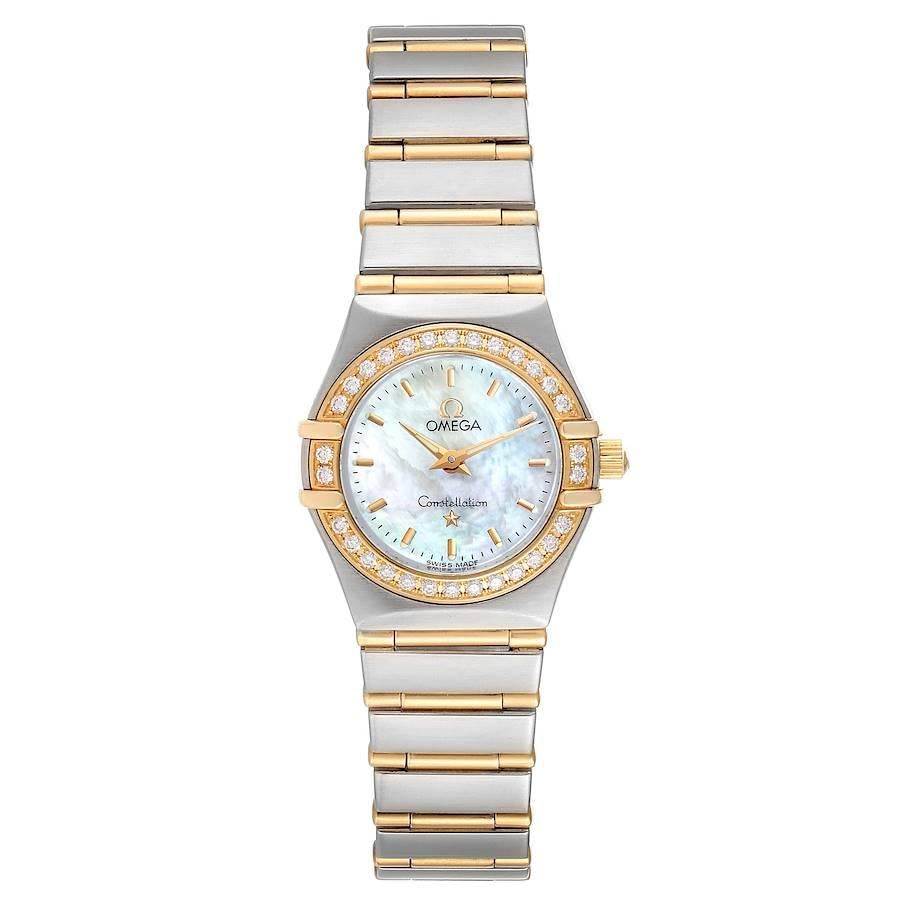 Omega Constellation Steel Yellow Gold MOP Diamond Ladies Watch 1267.70.00. Quartz movement. Brushed stainless steel and 18K yellow gold case 22.5 mm in diameter. Omega logo on a crown. Original Omega 18k yellow gold diamond bezel. Scratch resistant