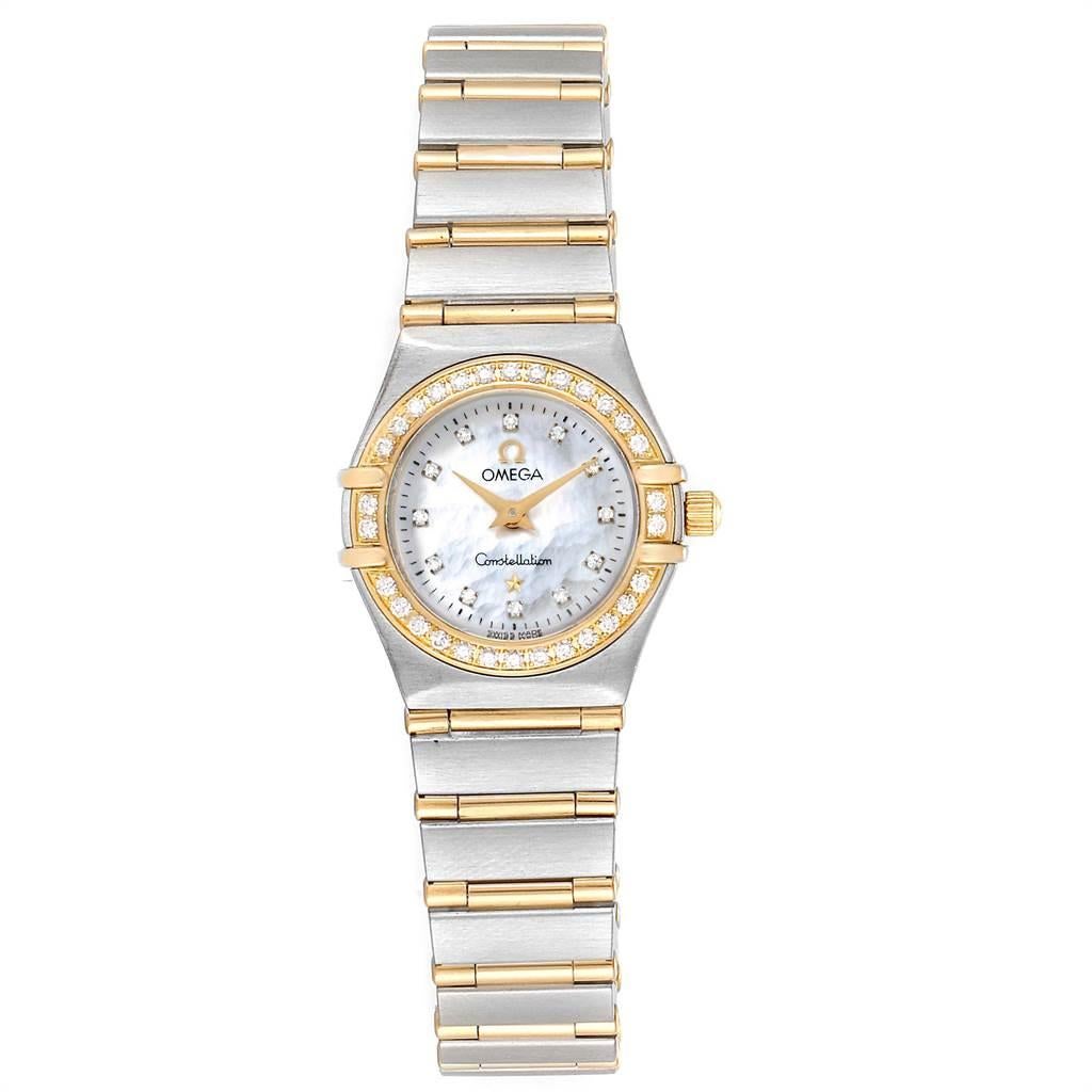 Omega Constellation Steel Yellow Gold MOP Diamond Ladies Watch 1267.75.00. Quartz movement. Stainless steel and 18k yellow gold round case 22.5 mm in diameter. 18k yellow gold diamond bezel. Scratch resistant sapphire crystal. Mother-of-pearl dial