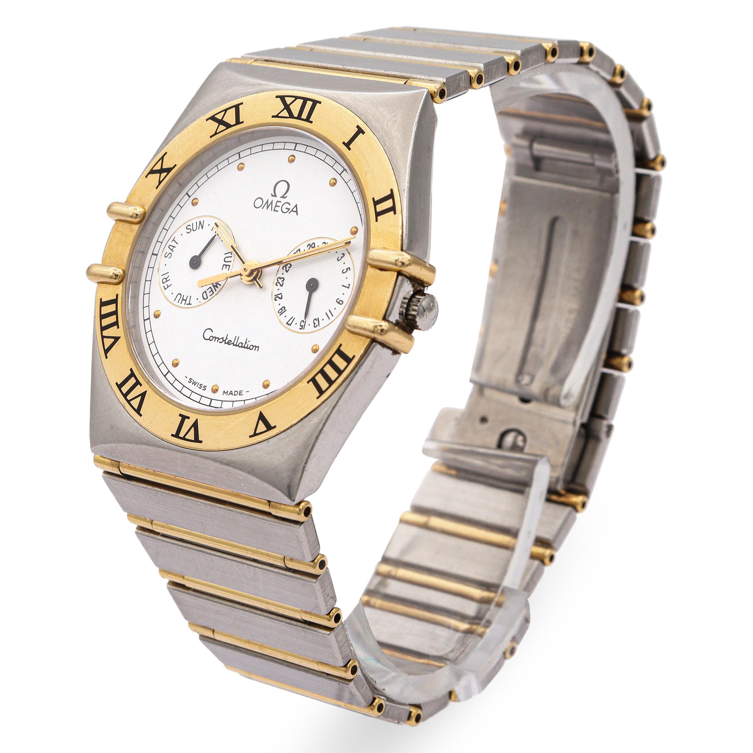 This distinguished Omega Constellation men’s watch blends refined elegance with practical functionality, showcasing Omega’s legacy of precision and timeless design. The stainless steel case is complemented by an 18K yellow gold bezel engraved with