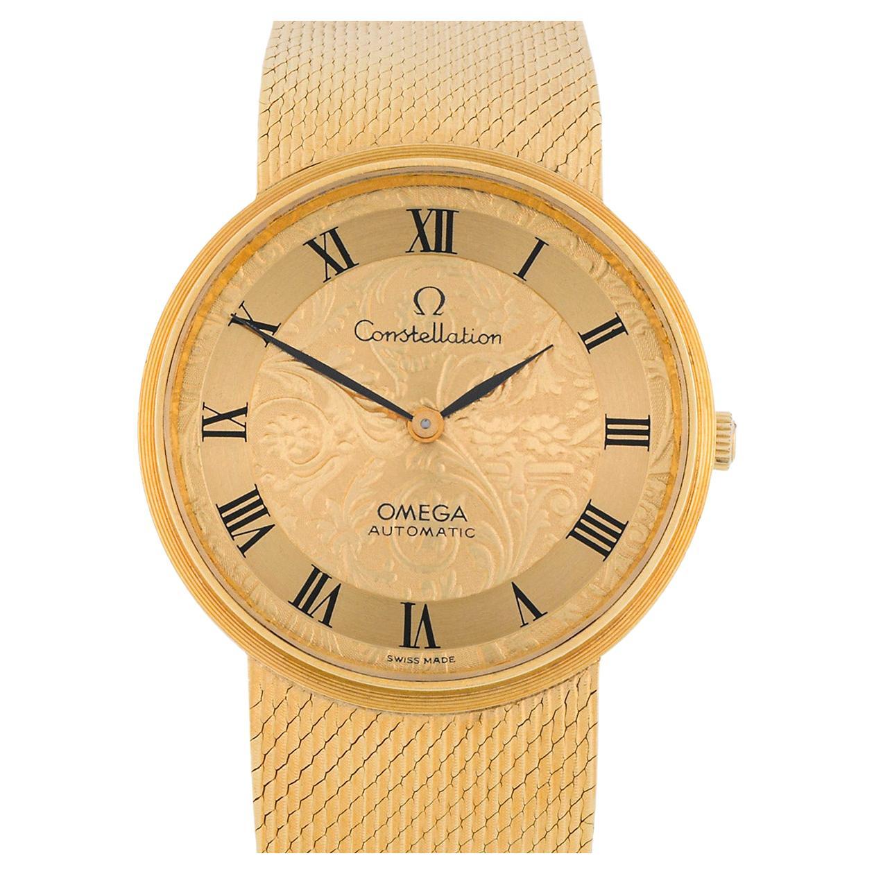 Omega Constellation vintage with case, bracelet and engraved dial all in gold For Sale