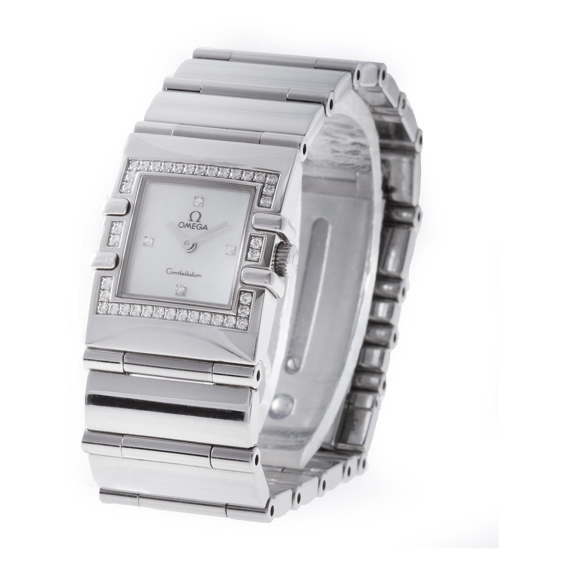 Omega Constellation Quadra in stainless steel with Mother of Pearl diamond dial and diamond bezel. Quartz. 19 mm x 24 mm case size. Ref 1528.76.00. Fine Pre-owned Omega Watch.

Certified preowned Classic Omega Constellation 1528.76.00 watch is made