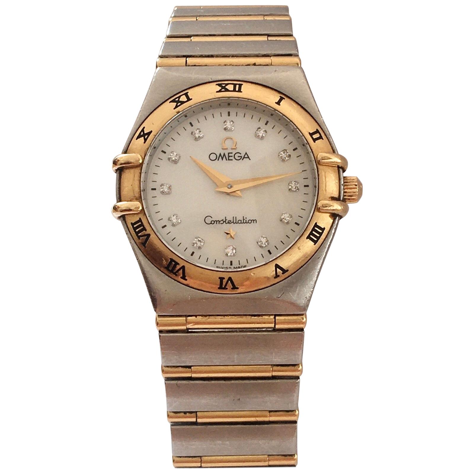 Omega Constellation Yellow Gold and Steel Diamond Women’s Watch For Sale