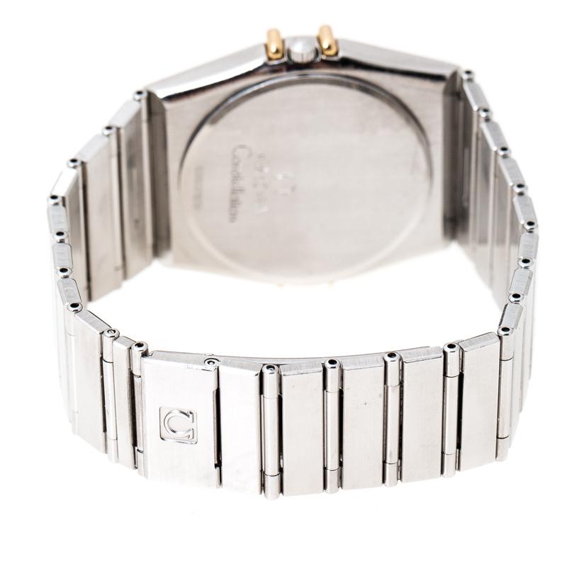 Omega brings you this gorgeous timepiece from their famous Constellation collection to flaunt on your wrist. It is crafted from stainless steel as well as 18k yellow gold and set to function in the Quartz movement. Swiss made, it carries a