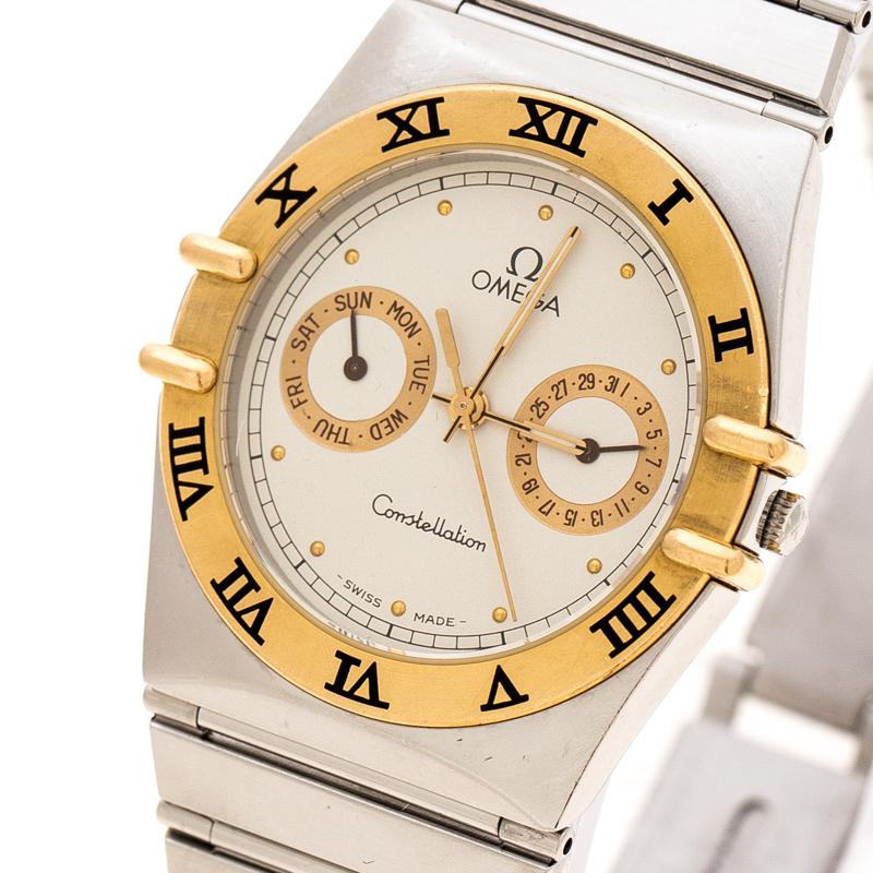 Omega Cream 18K Yellow Gold Stainless Steel Constellation Unisex Wristwatch 33mm In Good Condition In Dubai, Al Qouz 2