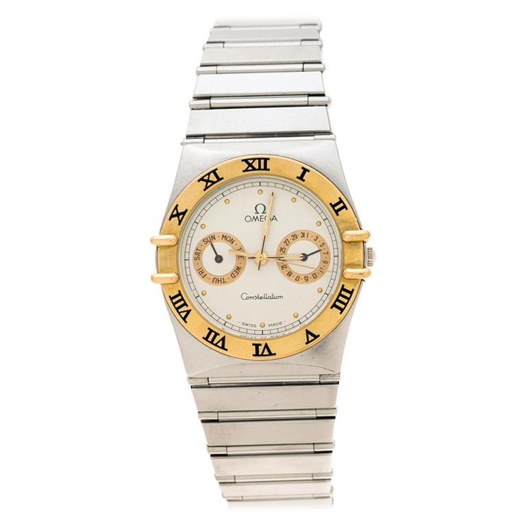 Omega Cream 18K Yellow Gold Stainless Steel Constellation Unisex Wristwatch 33mm