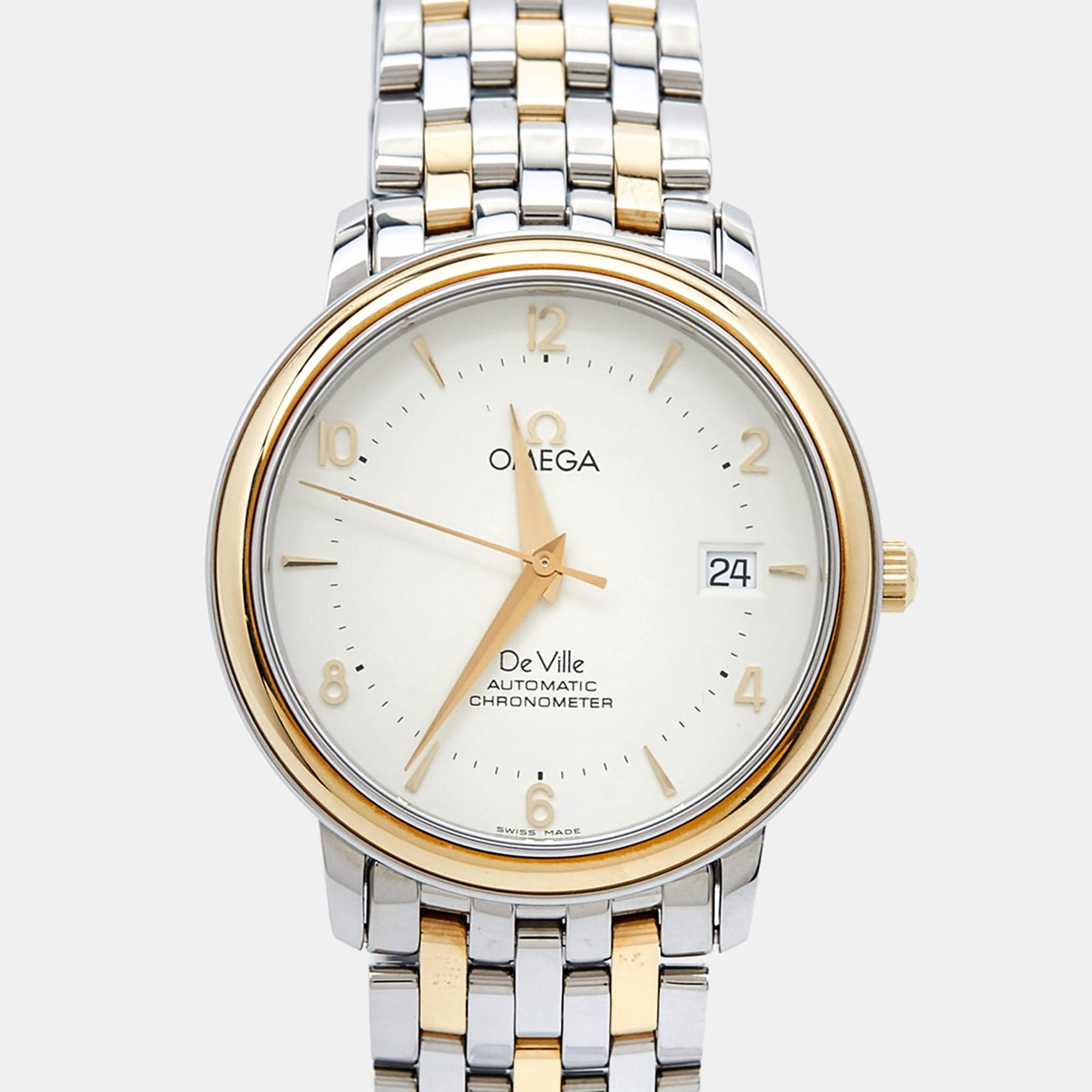 Omega Cream 18k Yellow Gold Stainless Steel De Ville Prestige 4312.21.00 Men's 4