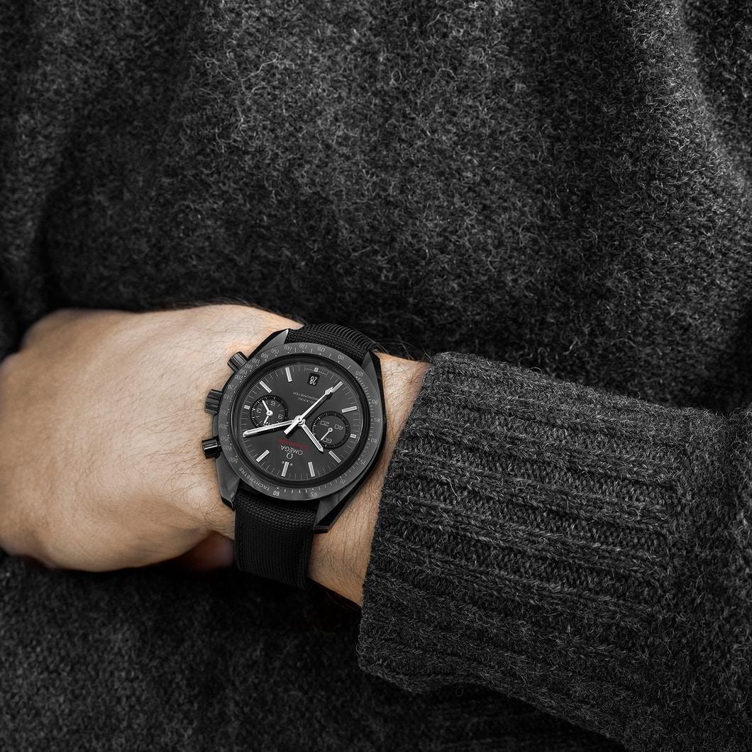 Omega watch  Dark Side Of The Moon Edition.

With ceramic case, deployant buckle in titanium and ceramic, automatic movement, caliber 9300, Co-Axial, Chronometer.

The OMEGA Speedmaster 